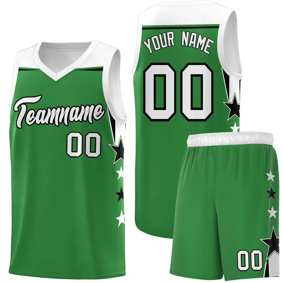 Custom Youth Basketball Uniform Kelly Green White Two Tone Side Star Add Name Number &amp; Logo