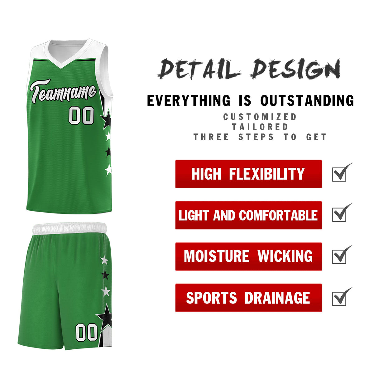Custom Youth Basketball Uniform Kelly Green White Two Tone Side Star Add Name Number &amp; Logo