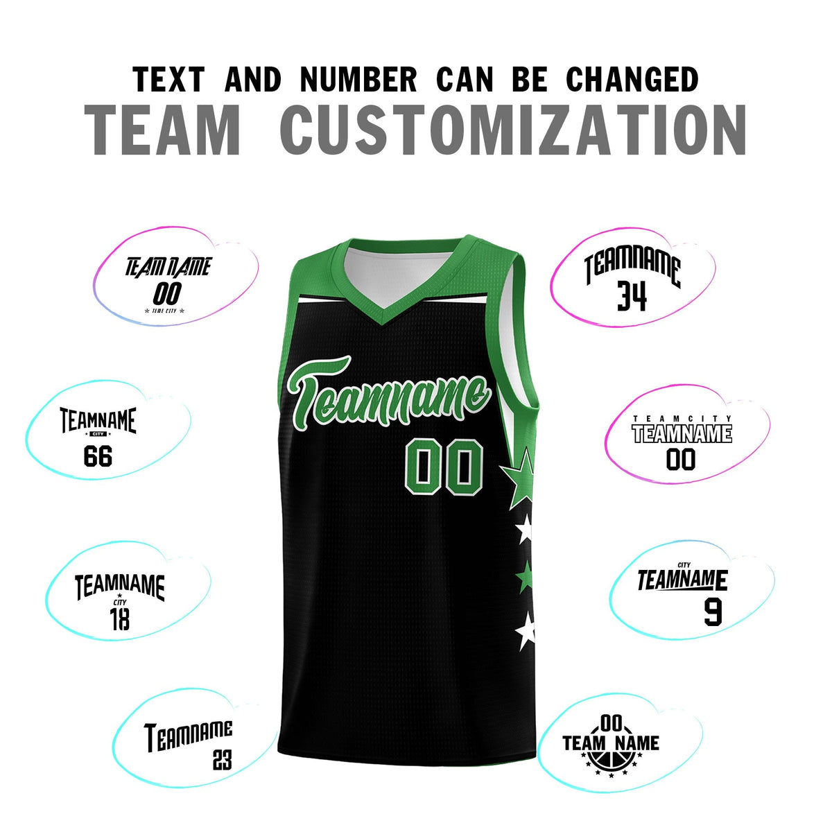 Custom Youth Basketball Uniform Black Kelly Green Two Tone Side Star Personalized Team Jersey