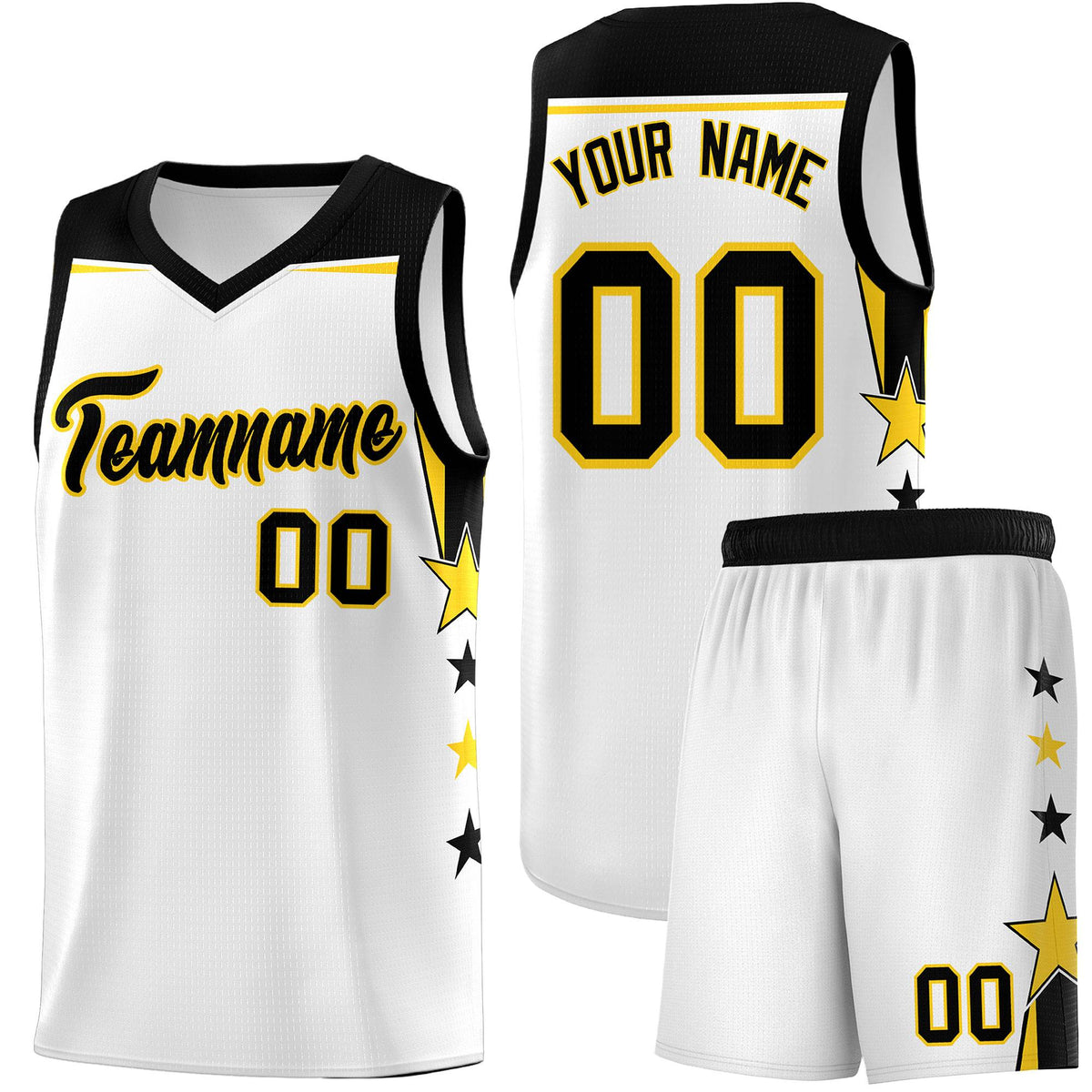 Custom Youth Basketball Uniform White Black Two Tone Side Star Color Block Team Jersey