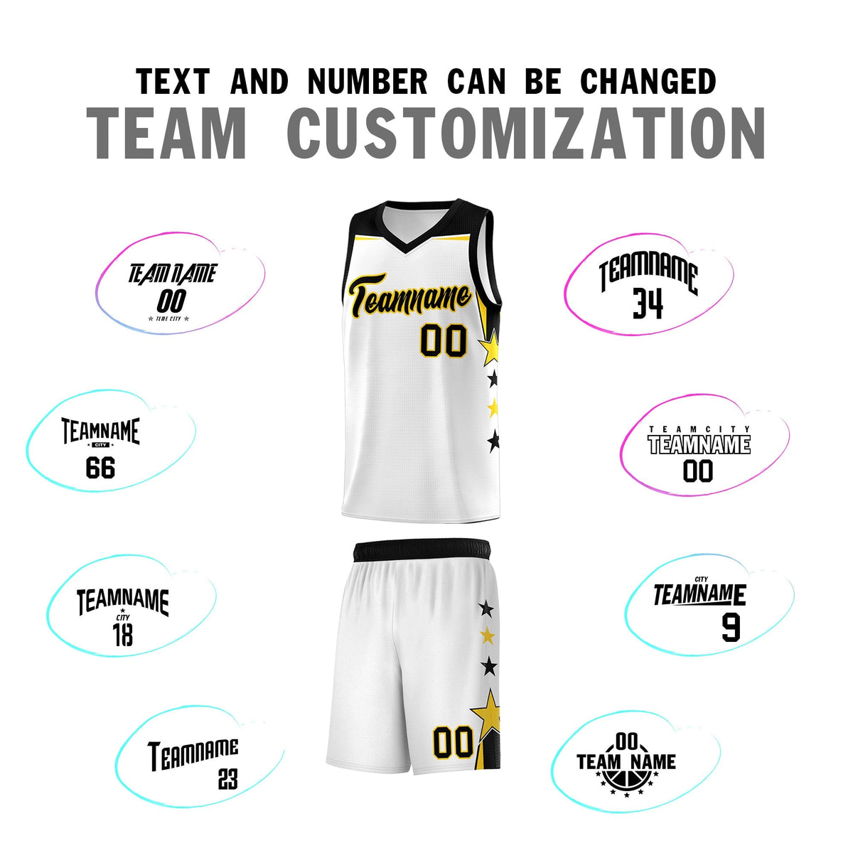 Custom Youth Basketball Uniform White Black Two Tone Side Star Color Block Team Jersey
