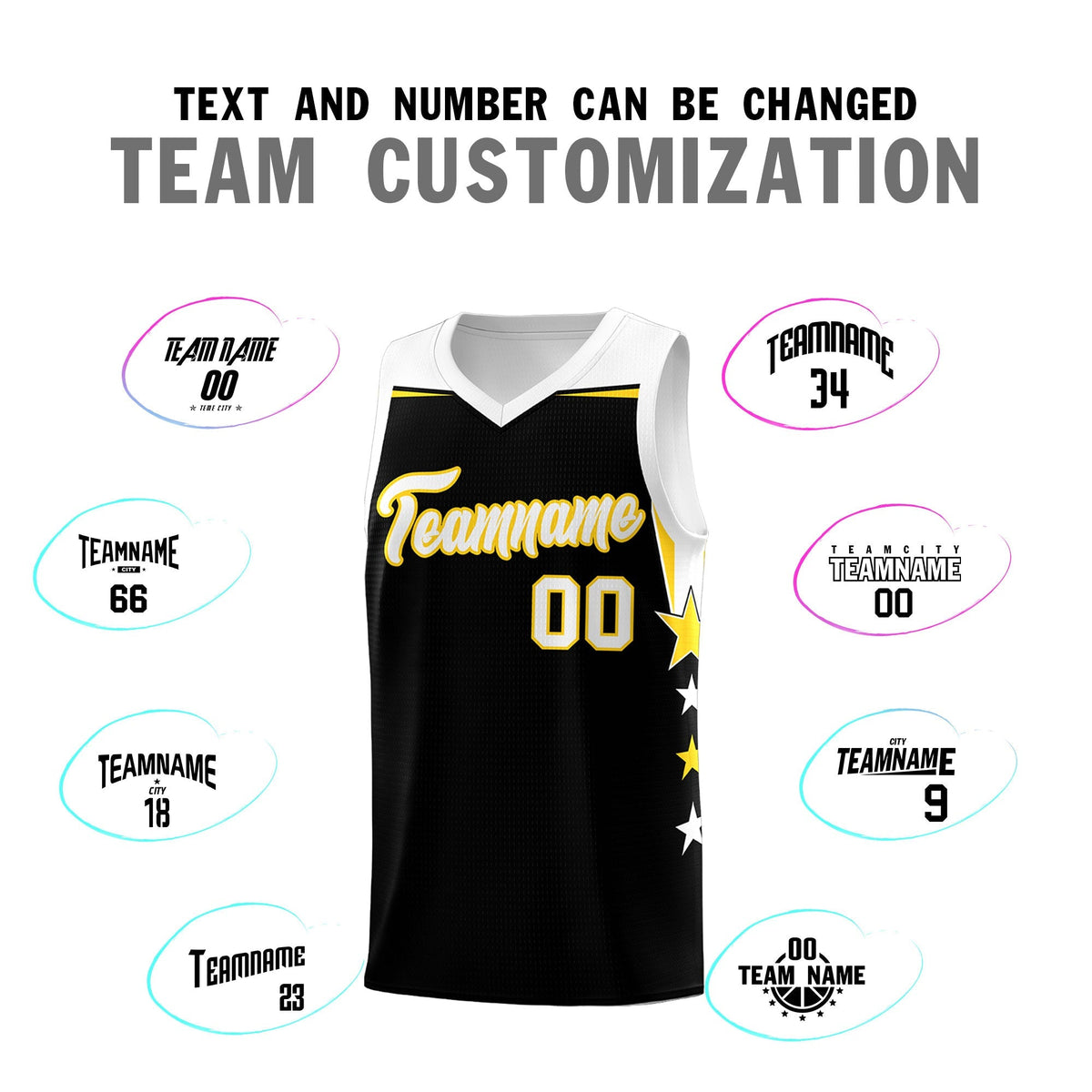Custom Youth Basketball Uniform Black White Two Tone Side Star Add Name Number &amp; Logo