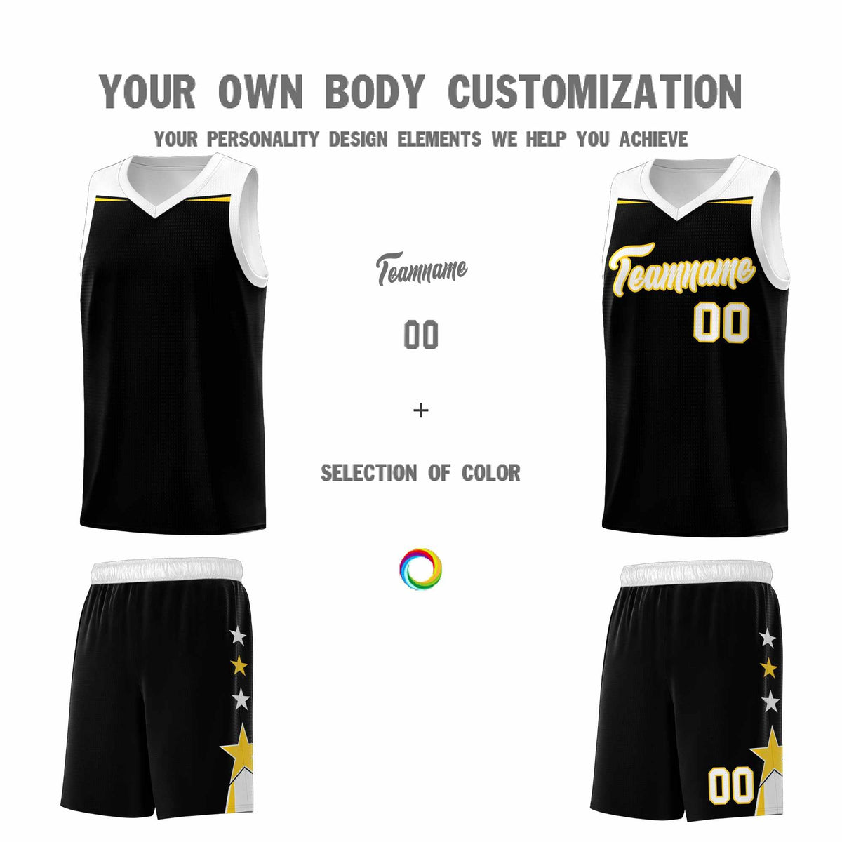 Custom Youth Basketball Uniform Black White Two Tone Side Star Add Name Number &amp; Logo