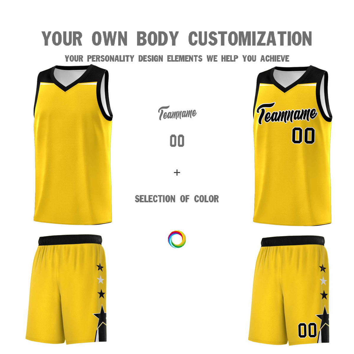 Custom Youth Basketball Uniform Gold Black Two Tone Side Star Personalized Team Jersey