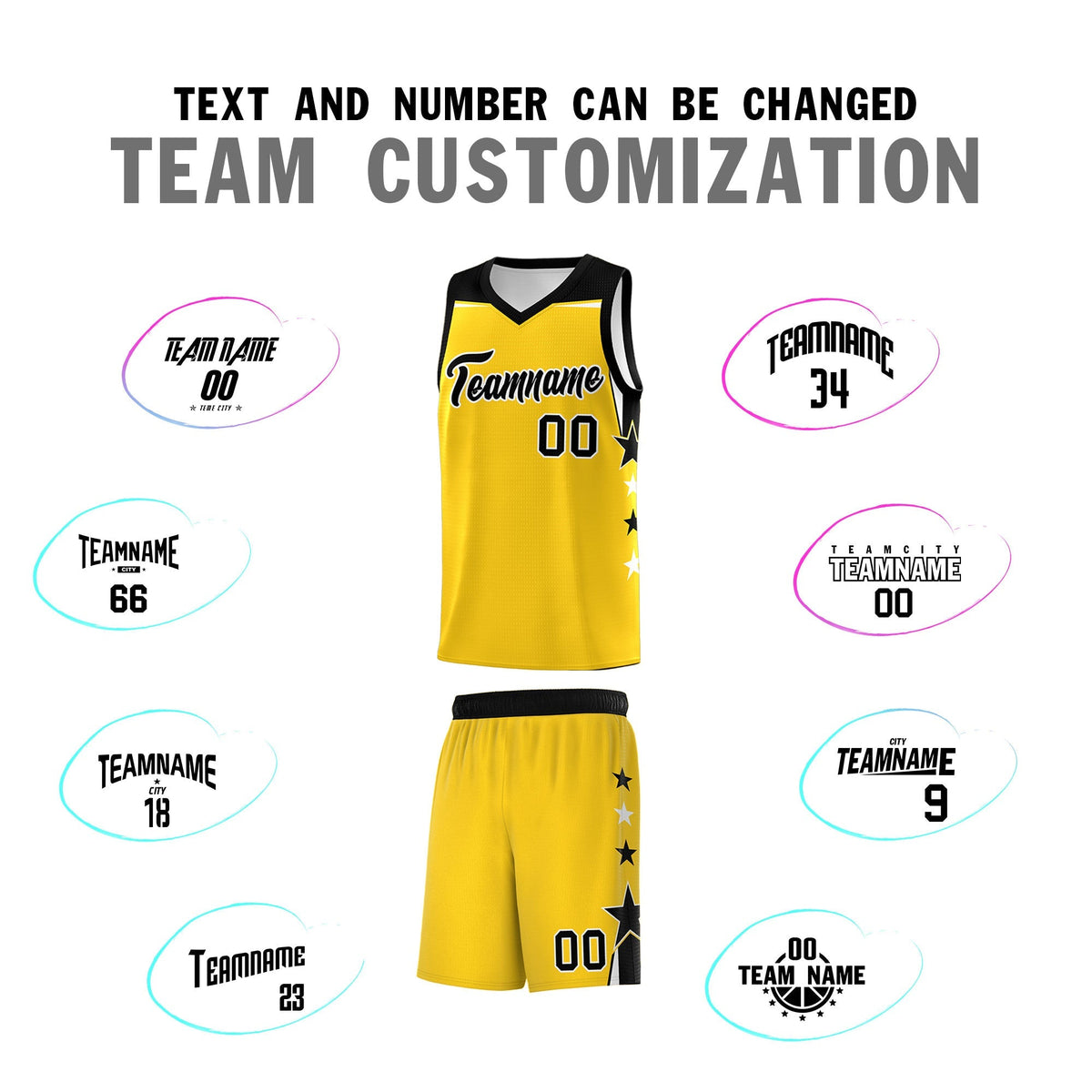 Custom Youth Basketball Uniform Gold Black Two Tone Side Star Personalized Team Jersey