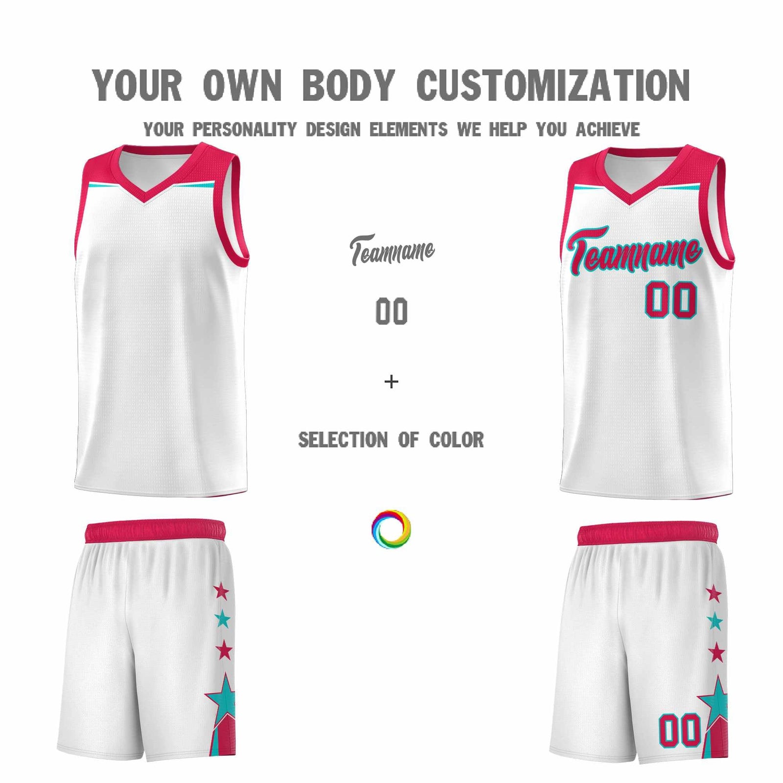 Custom Youth Basketball Uniform White Red Two Tone Side Star Color Block Team Jersey