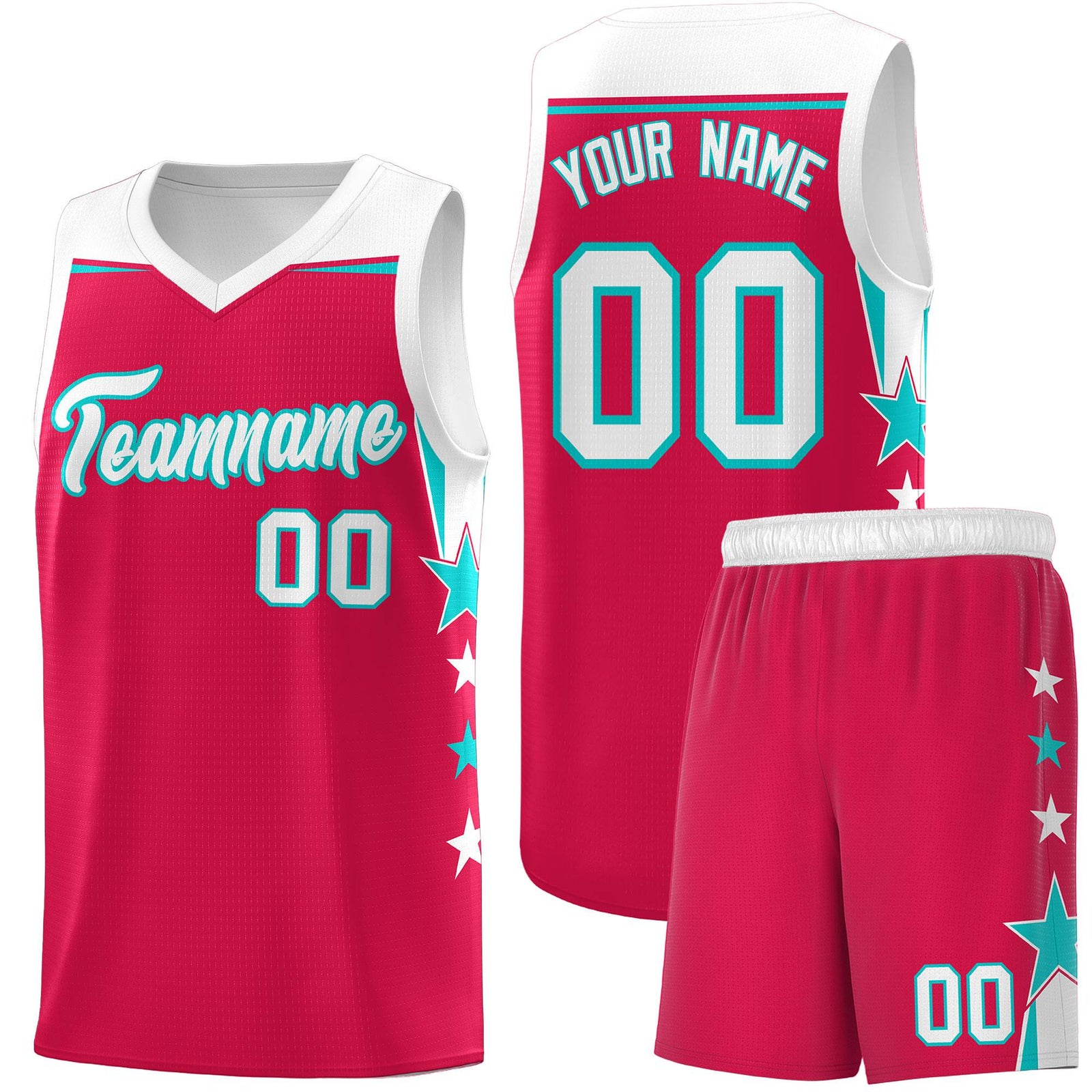 Custom Youth Basketball Uniform Red White Two Tone Side Star Add Name Number & Logo