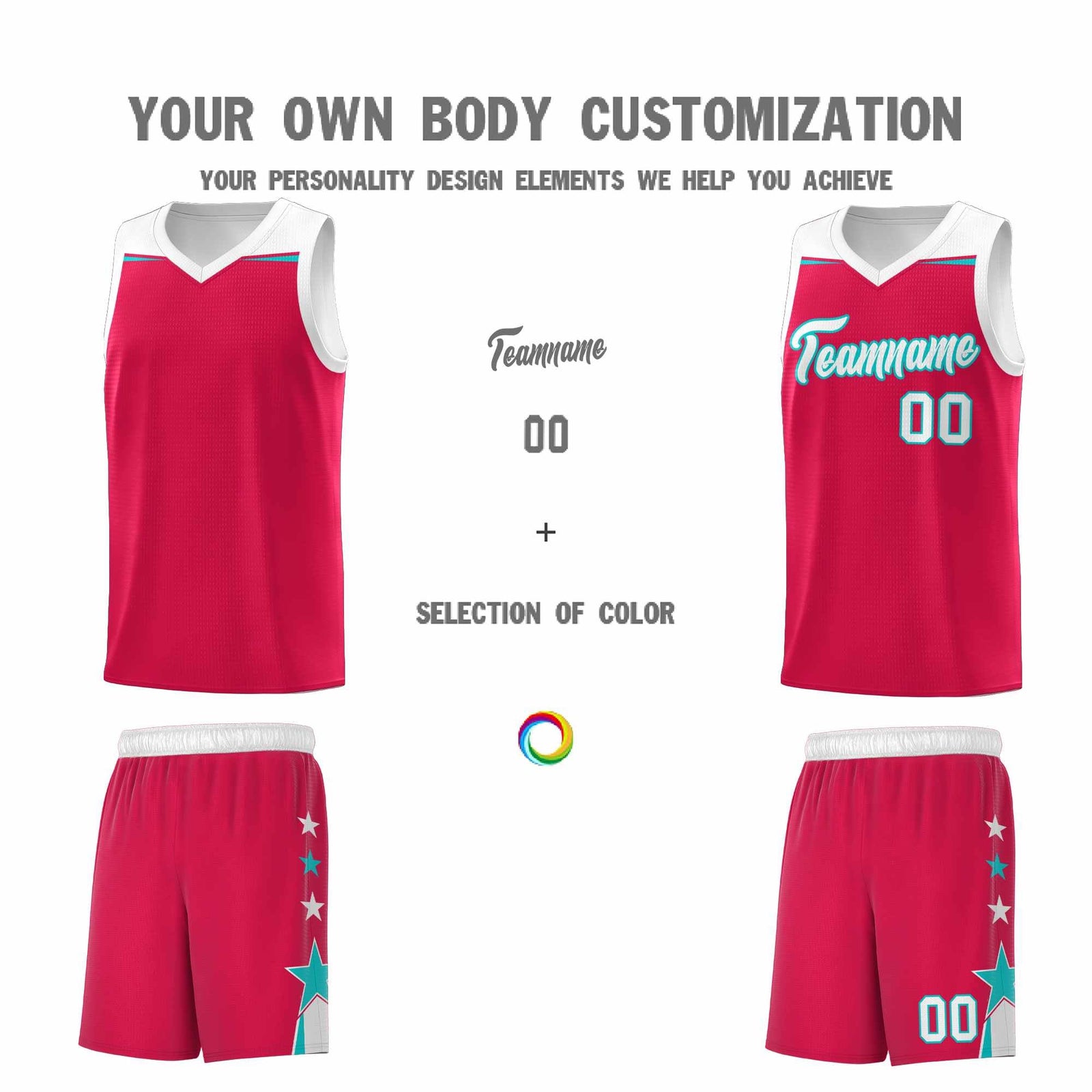 Custom Youth Basketball Uniform Red White Two Tone Side Star Add Name Number & Logo
