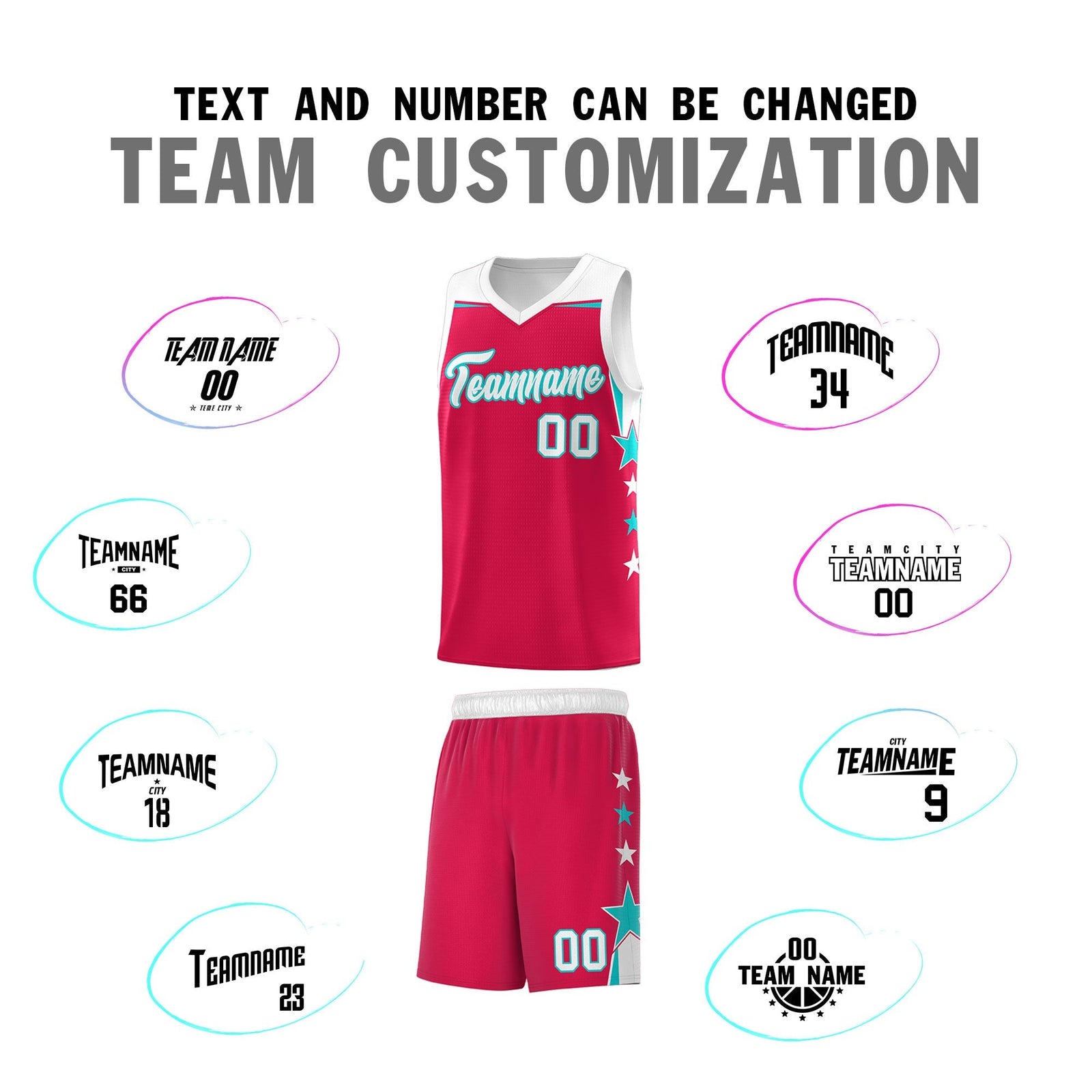Custom Youth Basketball Uniform Red White Two Tone Side Star Add Name Number & Logo