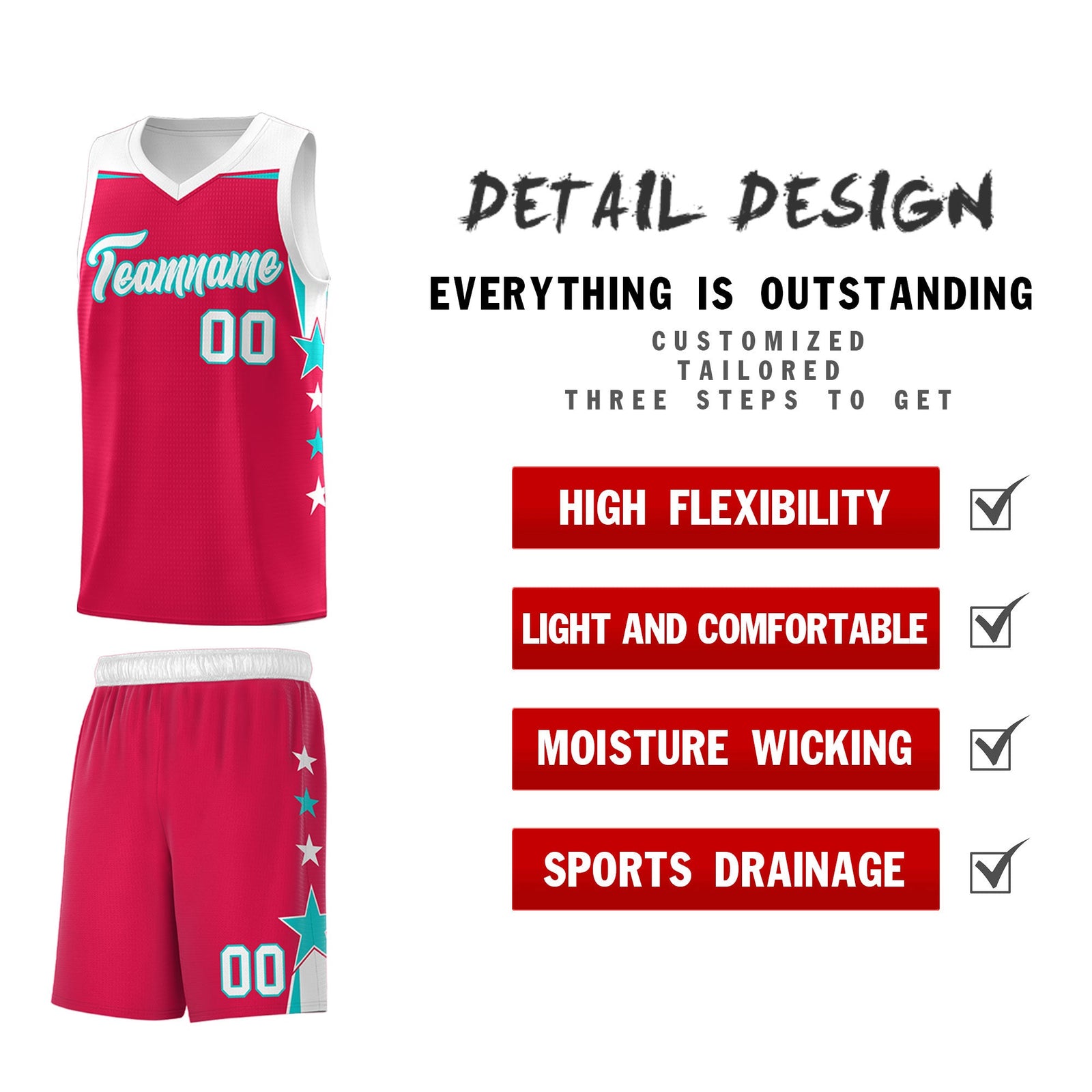 Custom Youth Basketball Uniform Red White Two Tone Side Star Add Name Number & Logo