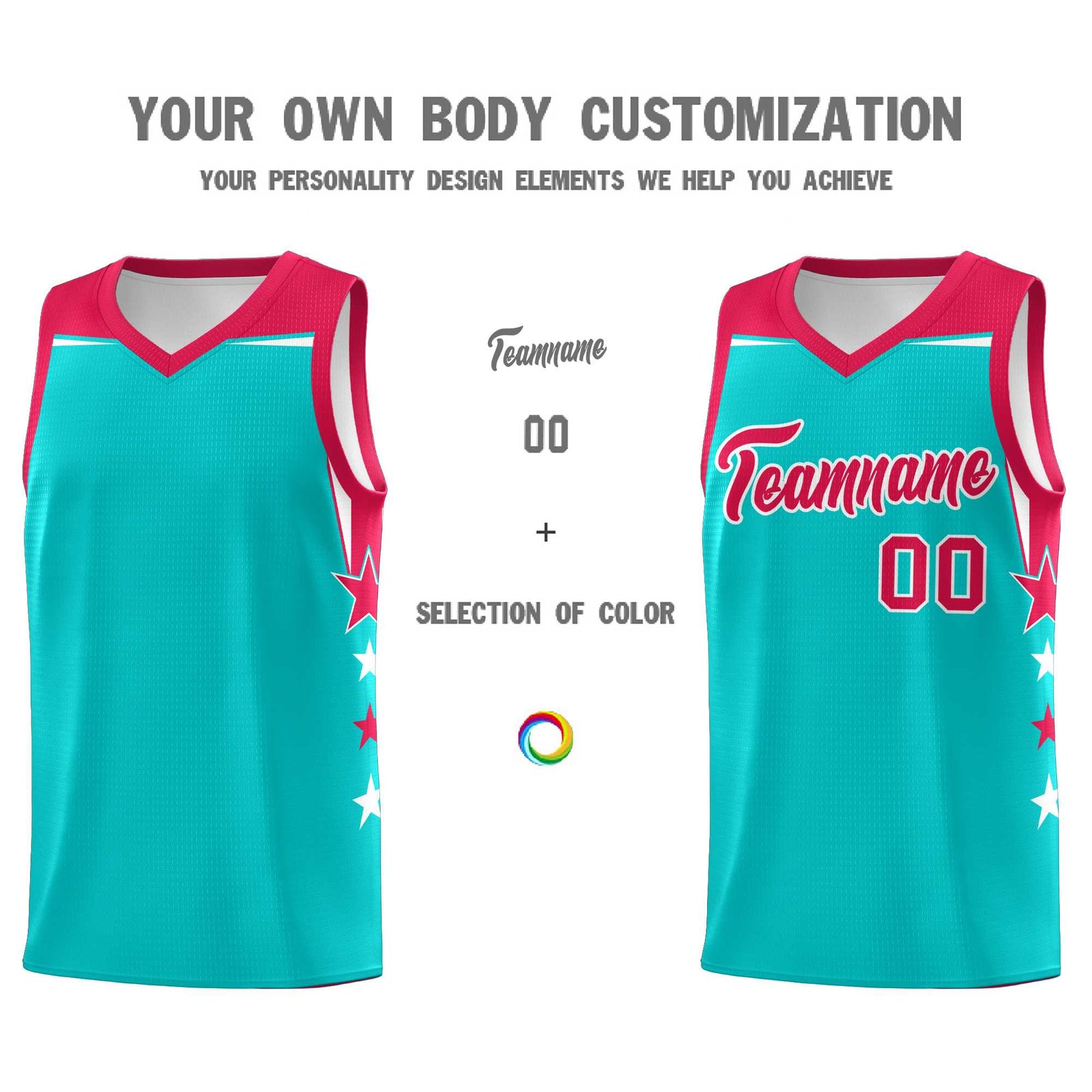 Custom Youth Basketball Uniform Aqua Red Two Tone Side Star Personalized Team Jersey