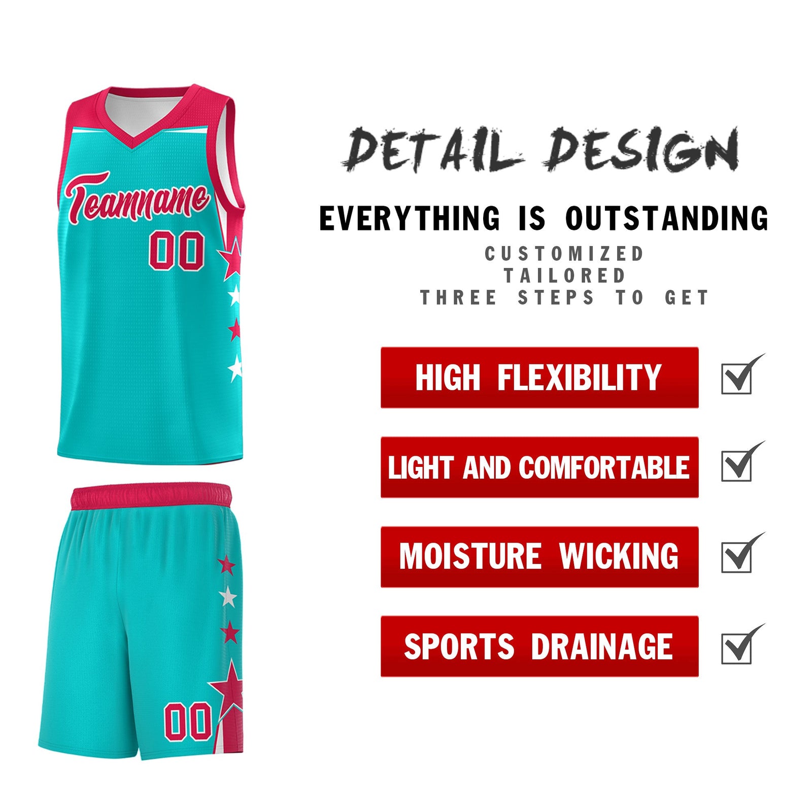 Custom Youth Basketball Uniform Aqua Red Two Tone Side Star Personalized Team Jersey