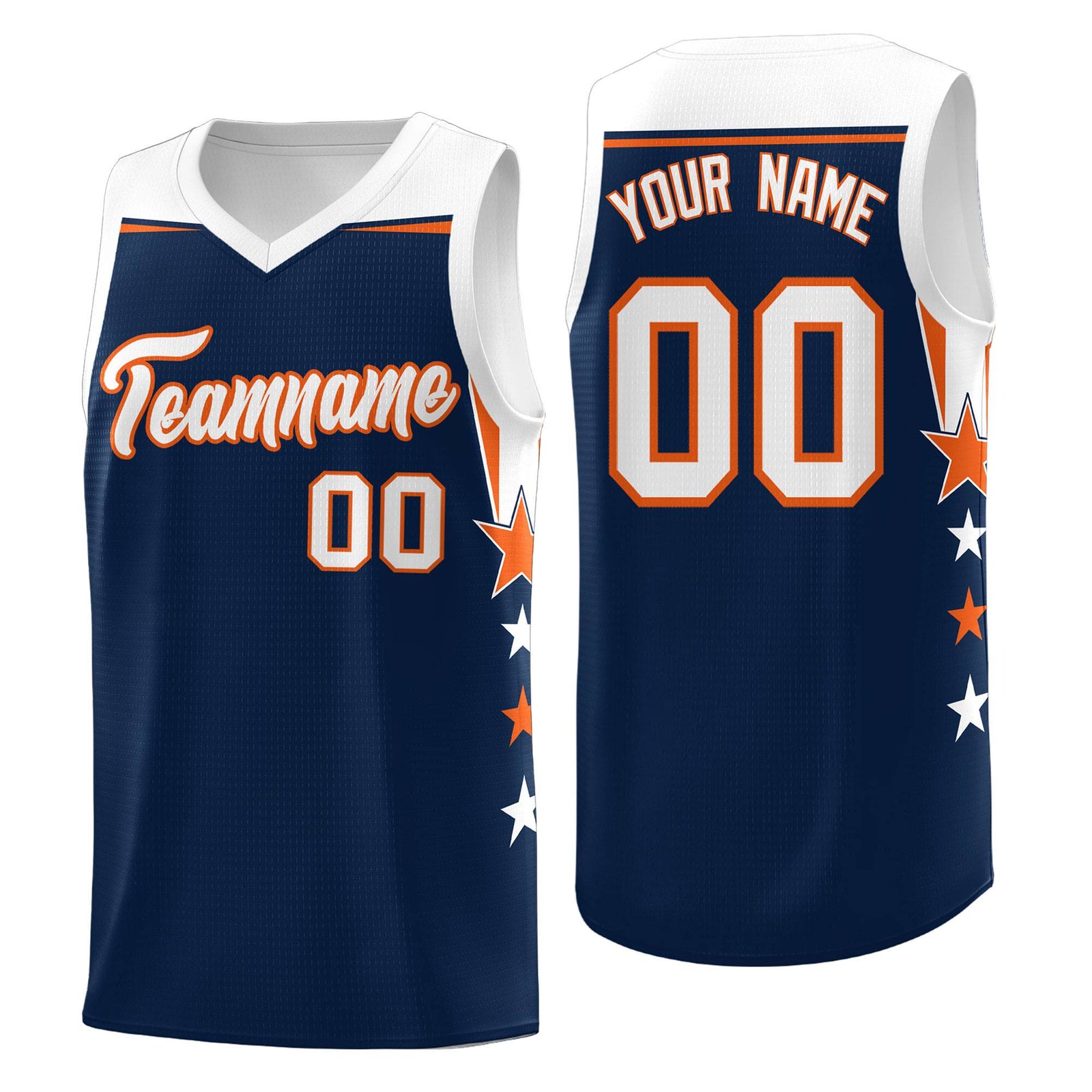 Custom Youth Basketball Uniform Navy White Two Tone Side Star Add Name Number & Logo