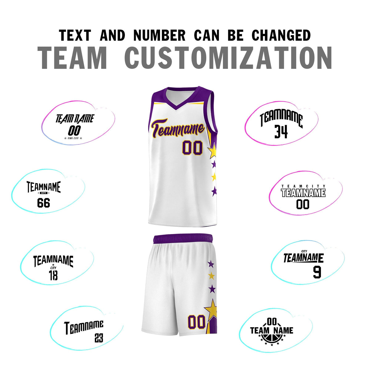 Custom Youth Basketball Uniform White Purple Two Tone Side Star Color Block Team Jersey