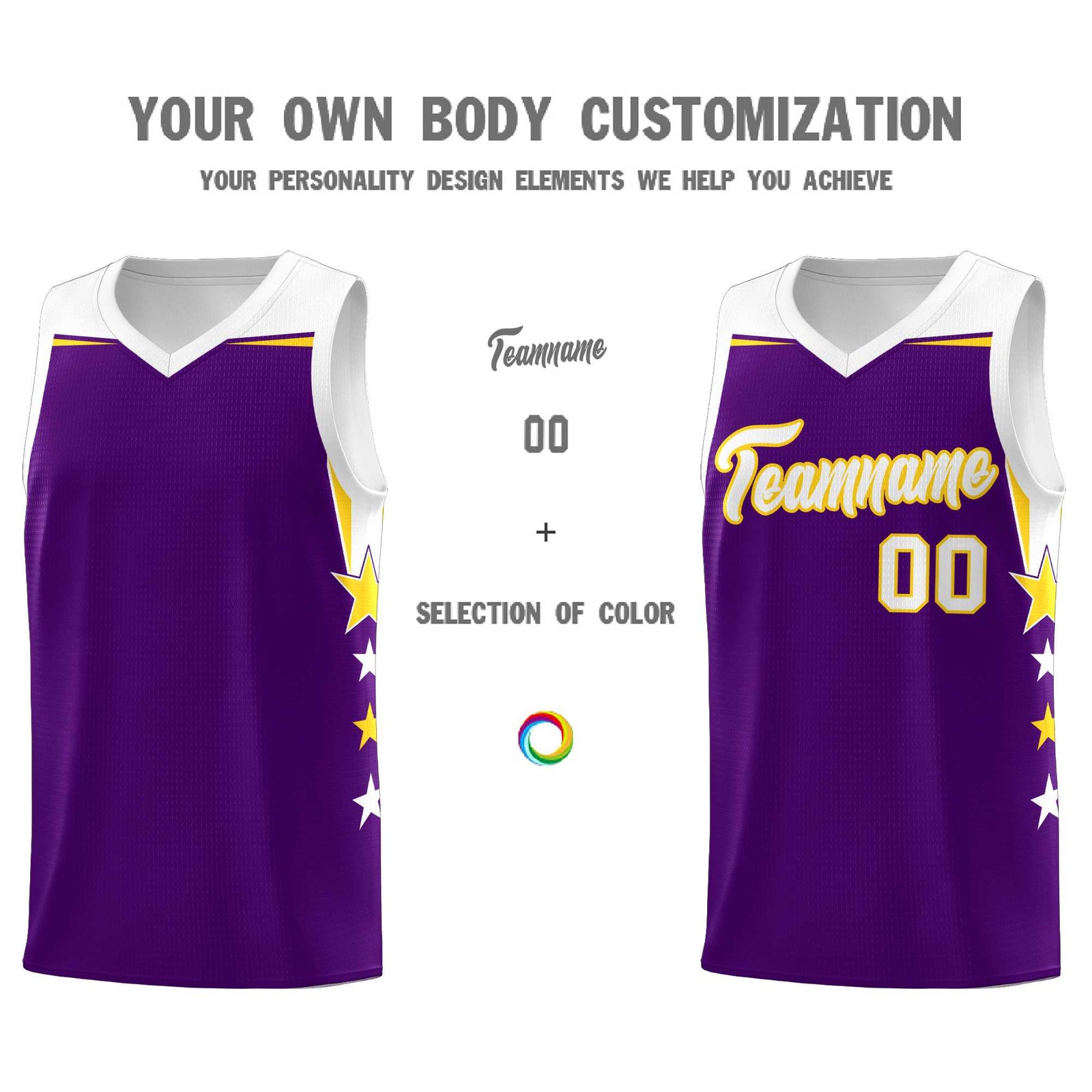 Custom Youth Basketball Uniform Purple White Two Tone Side Star Add Name Number & Logo
