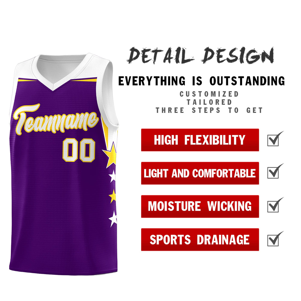 Custom Youth Basketball Uniform Purple White Two Tone Side Star Add Name Number &amp; Logo