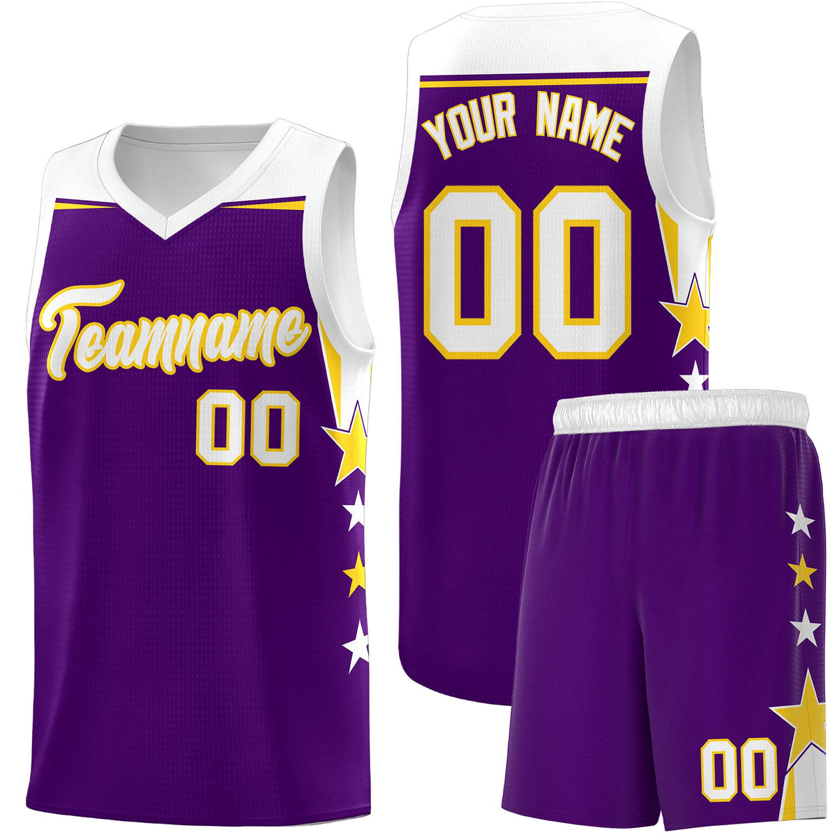 Custom Youth Basketball Uniform Purple White Two Tone Side Star Add Name Number &amp; Logo
