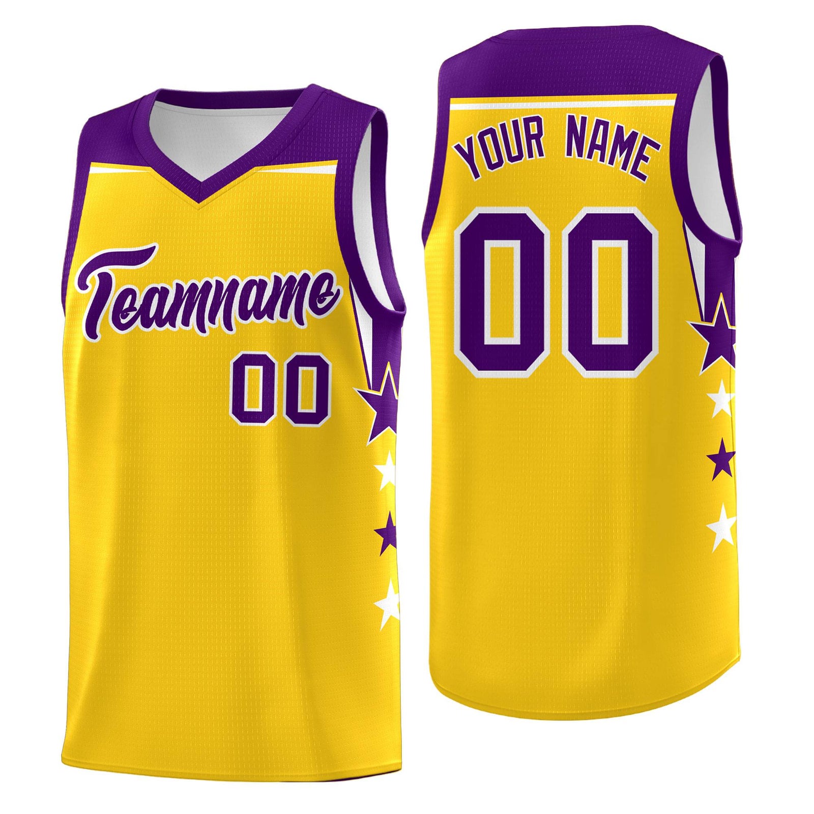 Custom Youth Basketball Uniform Gold Purple Two Tone Side Star Personalized Team Jersey