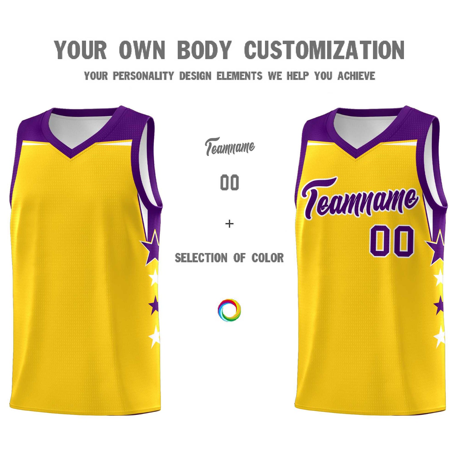 Custom Youth Basketball Uniform Gold Purple Two Tone Side Star Personalized Team Jersey