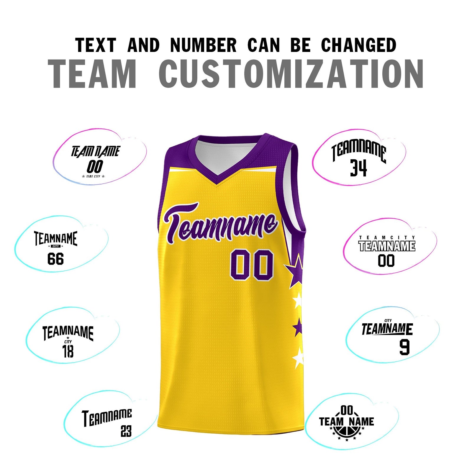 Custom Youth Basketball Uniform Gold Purple Two Tone Side Star Personalized Team Jersey
