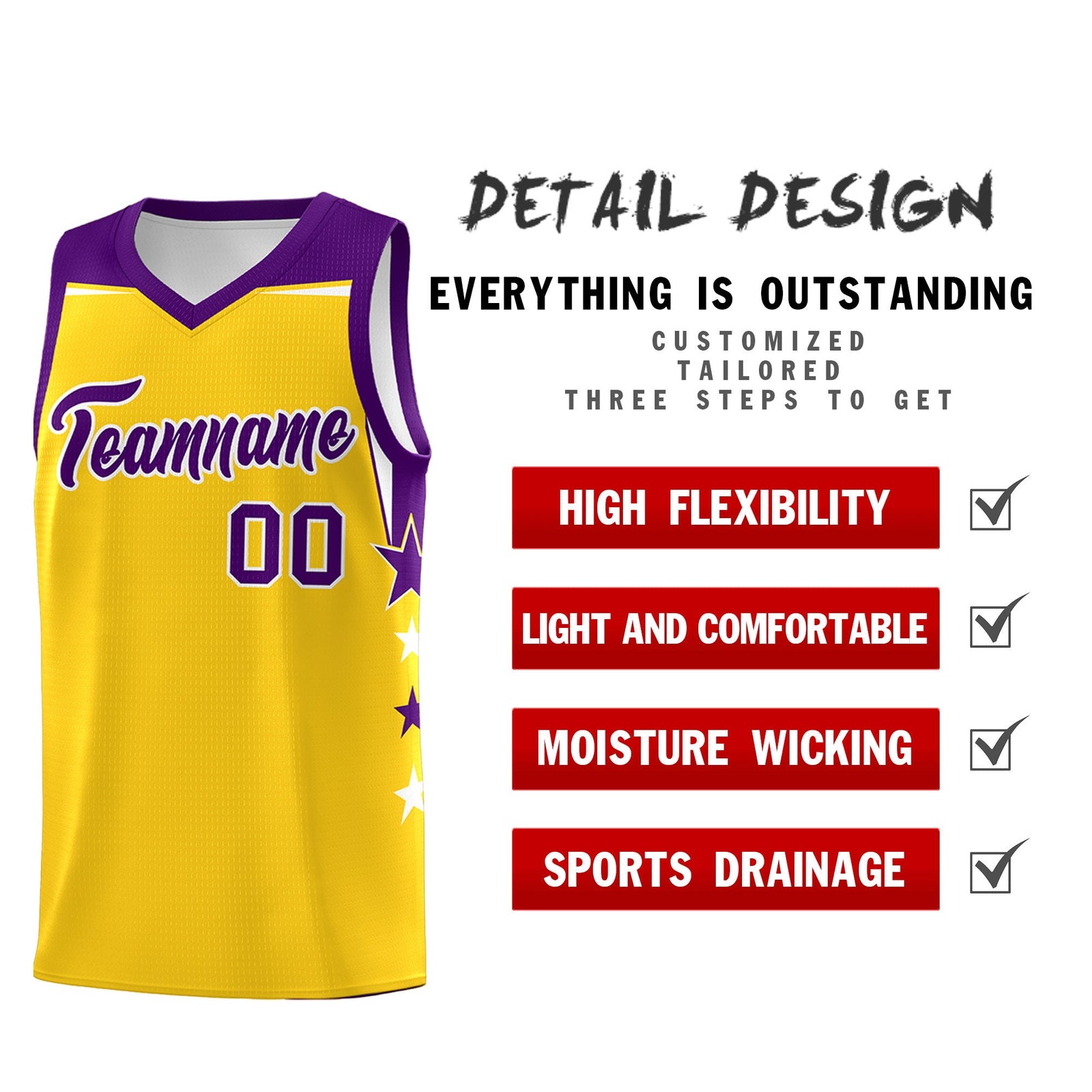 Custom Youth Basketball Uniform Gold Purple Two Tone Side Star Personalized Team Jersey