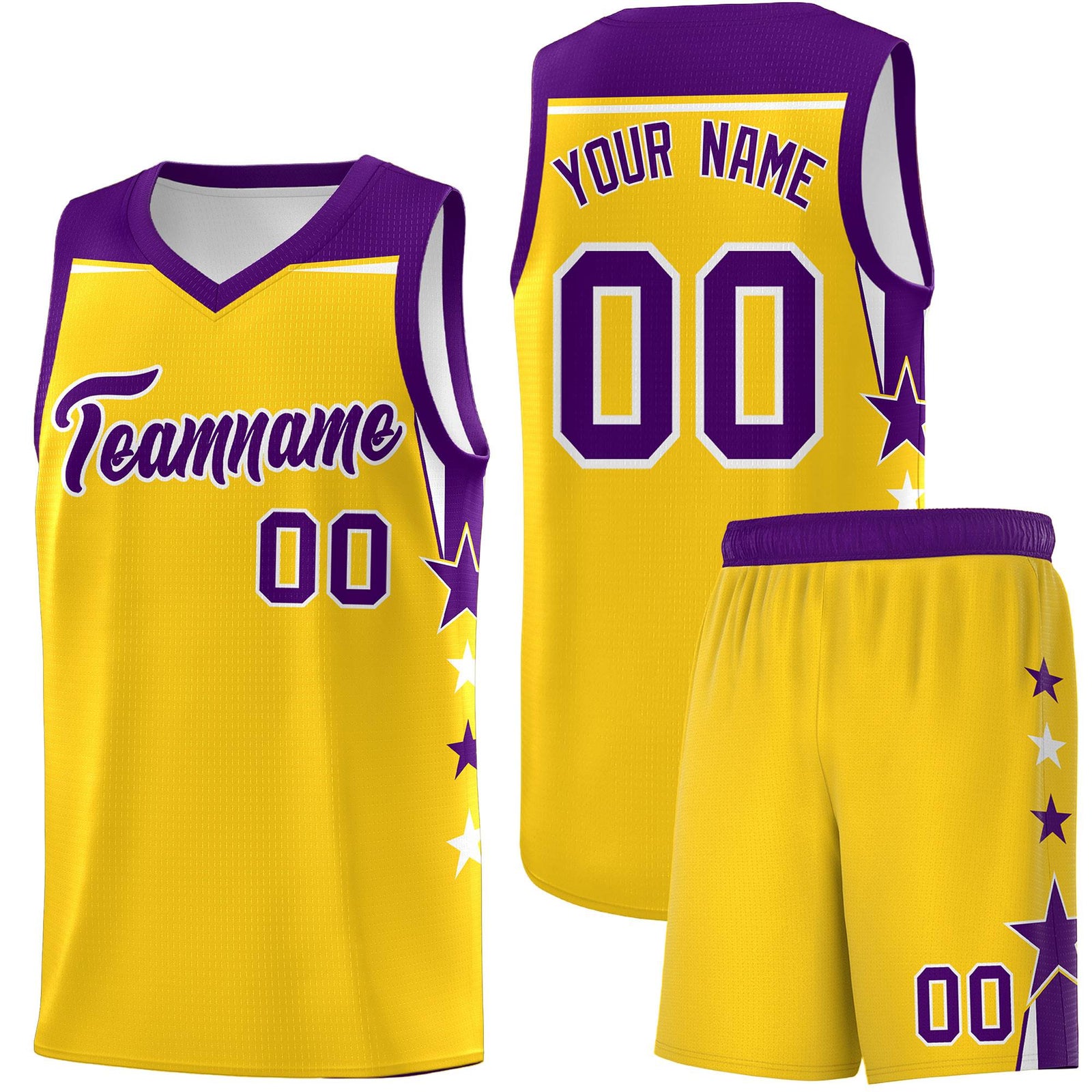 Custom Youth Basketball Uniform Gold Purple Two Tone Side Star Personalized Team Jersey