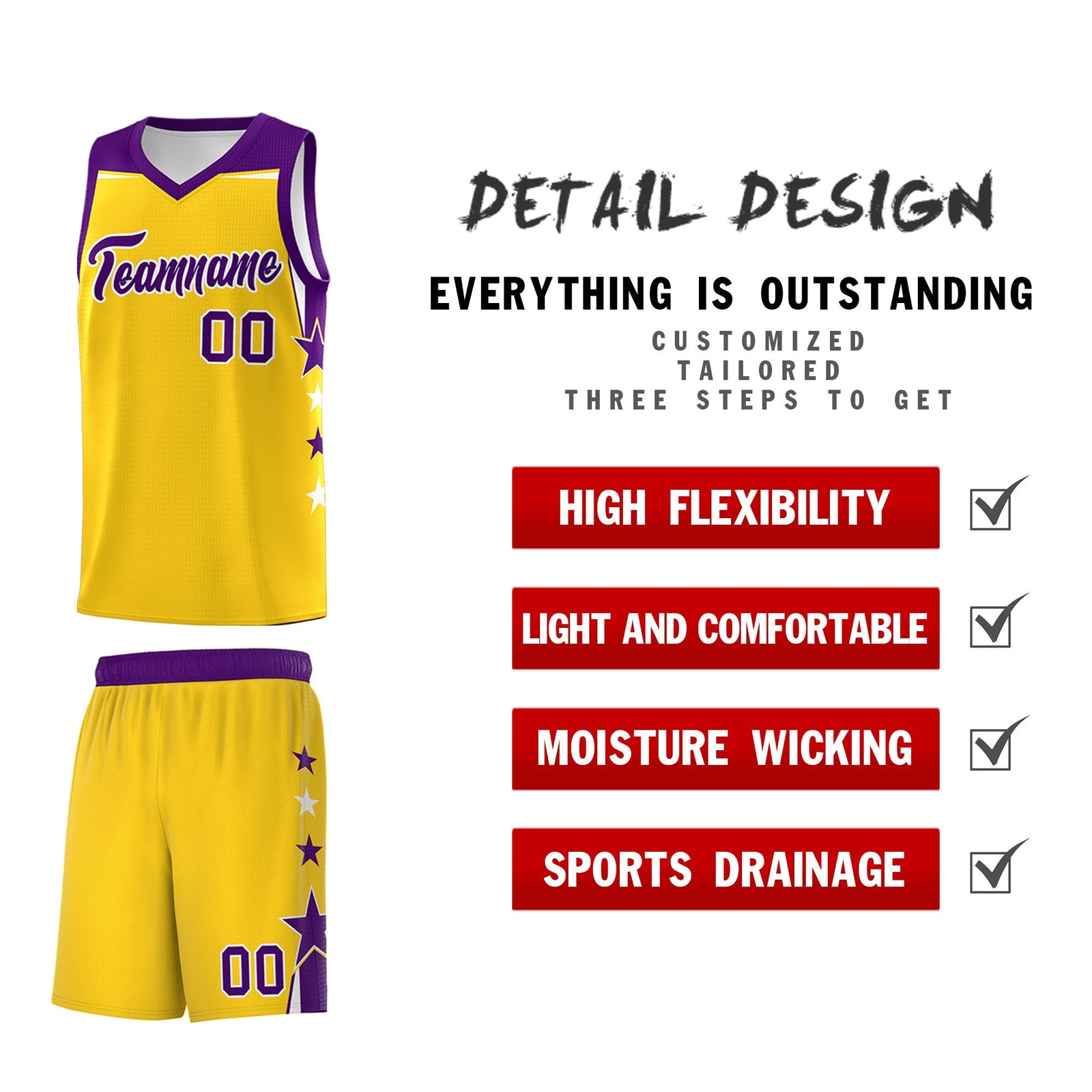Custom Youth Basketball Uniform Gold Purple Two Tone Side Star Personalized Team Jersey