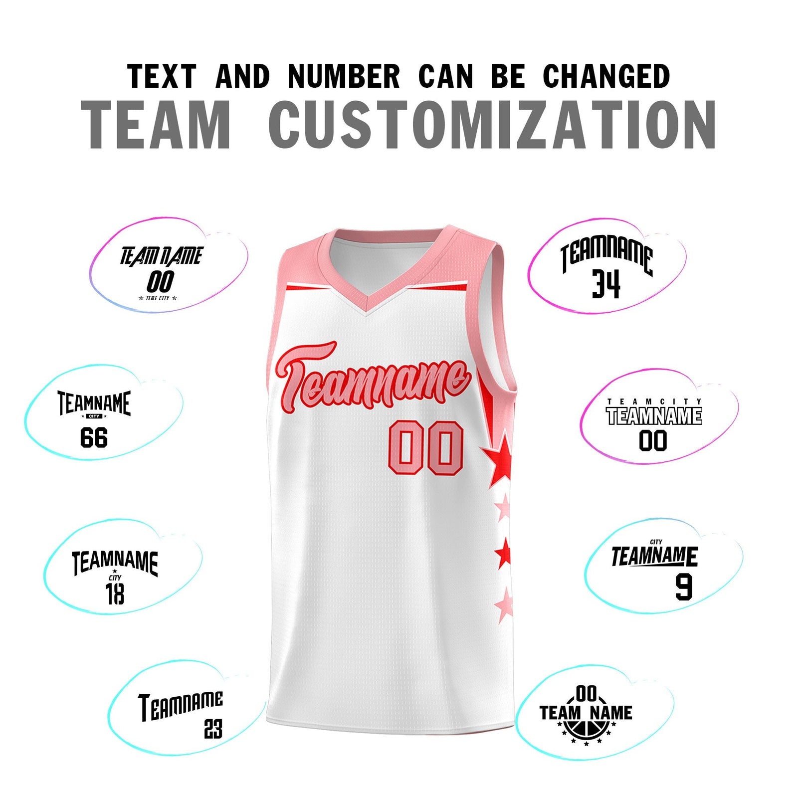 Custom Youth Basketball Uniform White Light Pink Two Tone Side Star Color Block Team Jersey