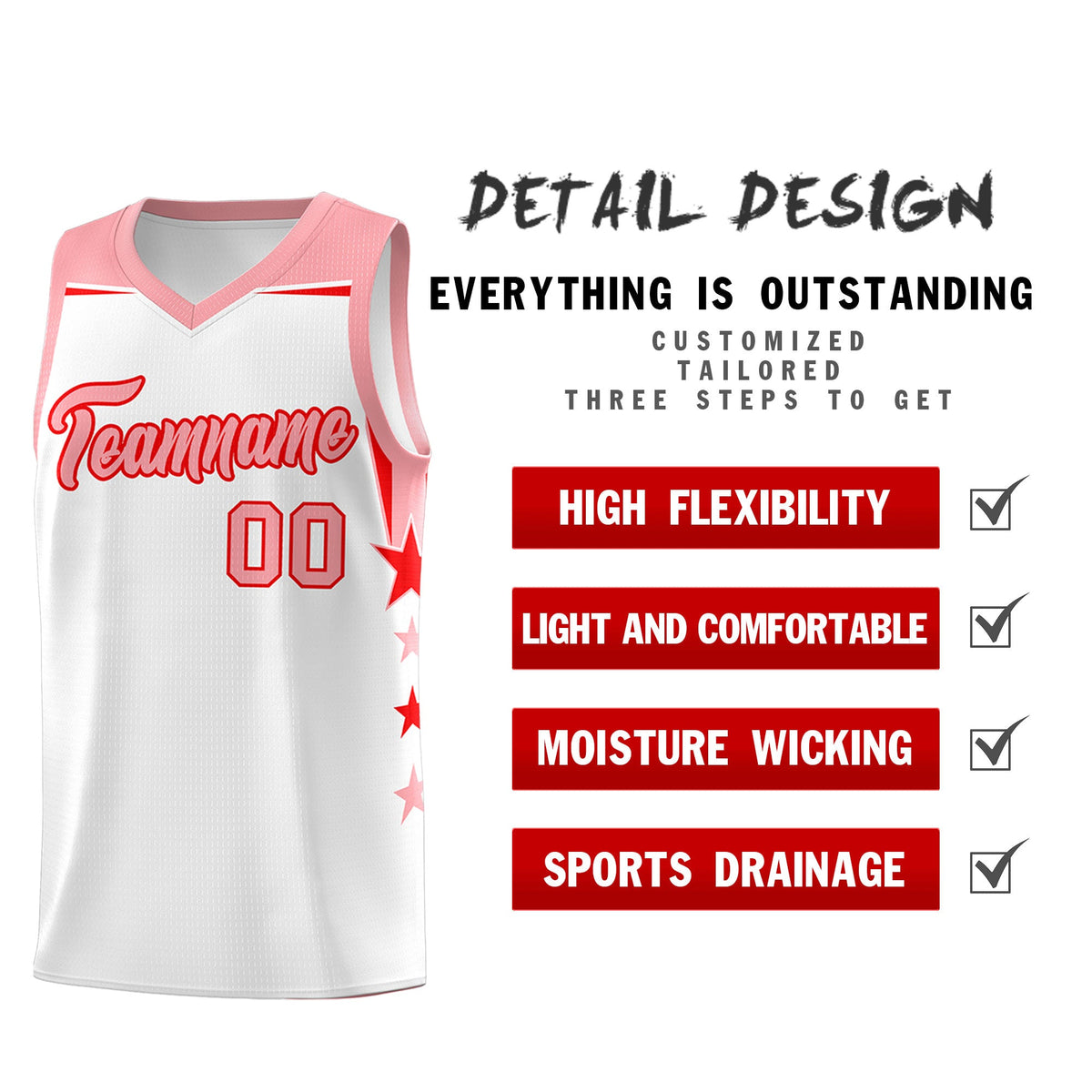 Custom Youth Basketball Uniform White Light Pink Two Tone Side Star Color Block Team Jersey