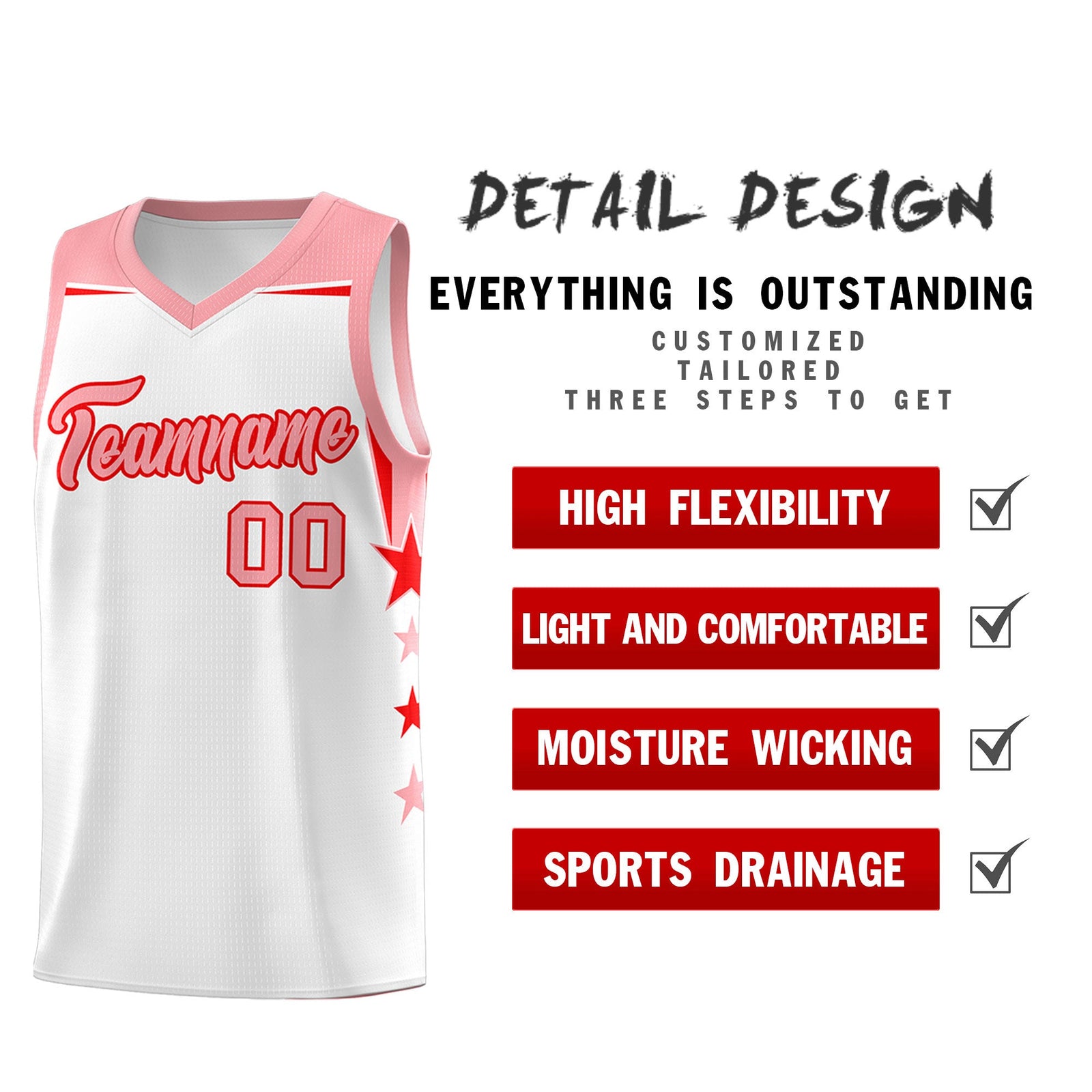 Custom Youth Basketball Uniform White Light Pink Two Tone Side Star Color Block Team Jersey