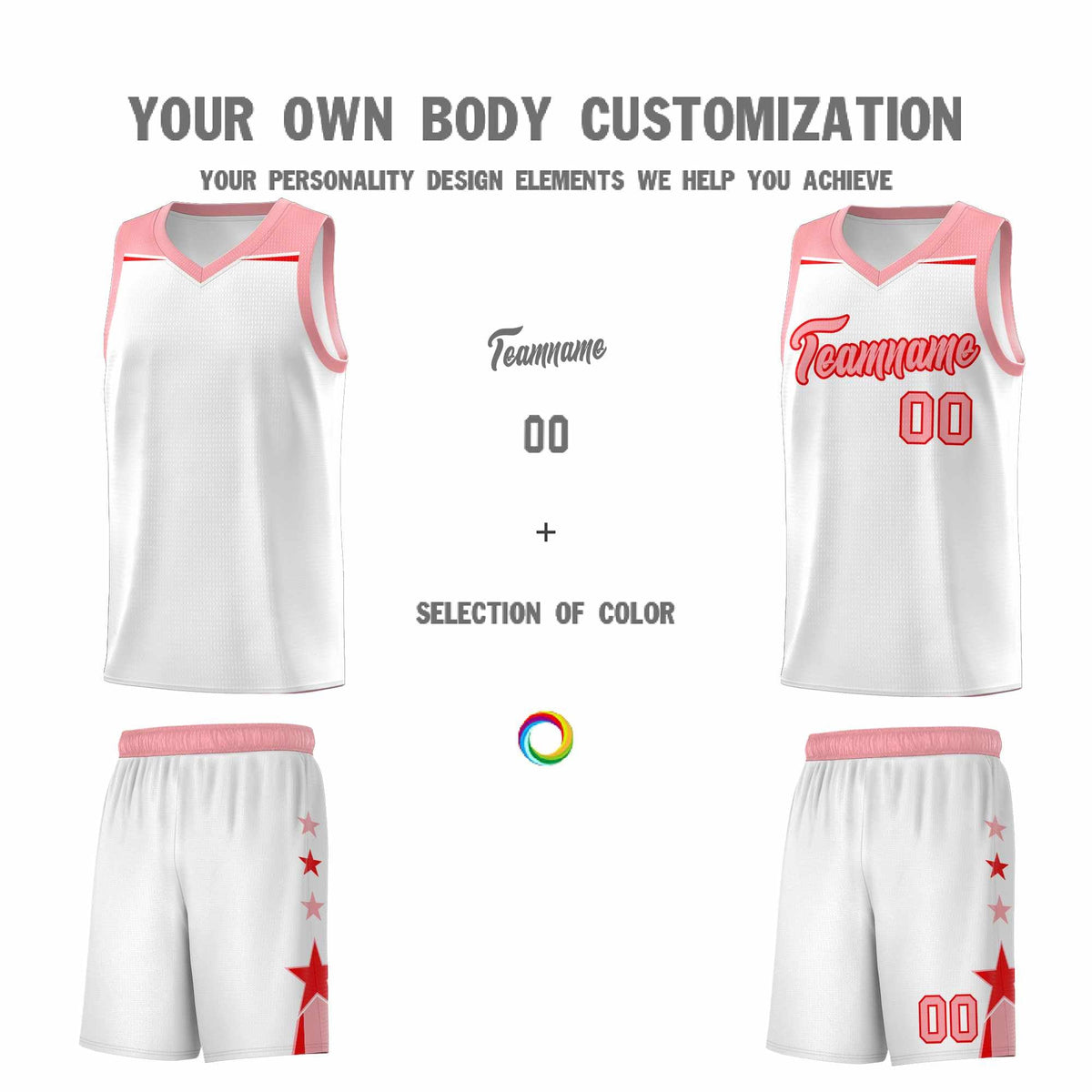 Custom Youth Basketball Uniform White Light Pink Two Tone Side Star Color Block Team Jersey