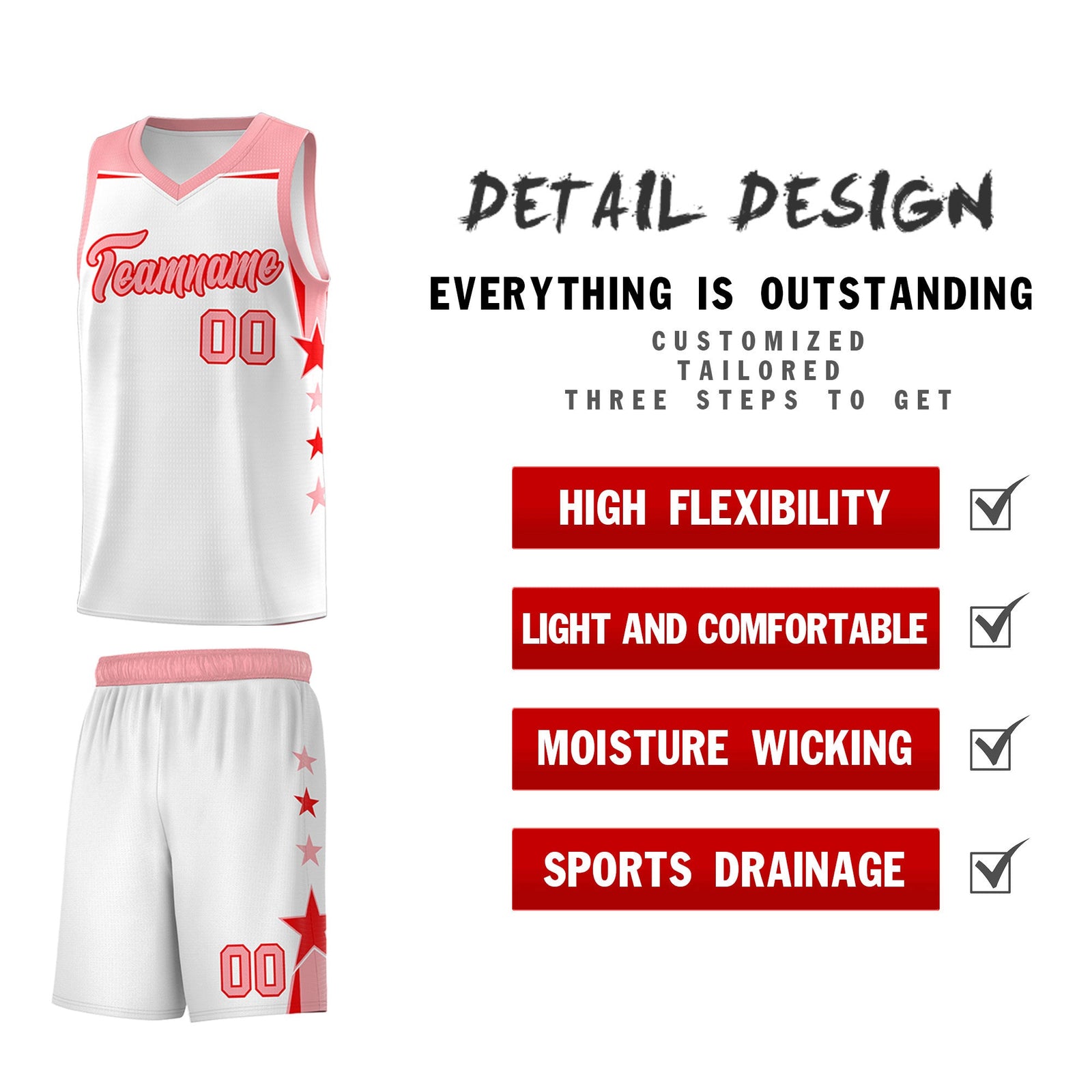 Custom Youth Basketball Uniform White Light Pink Two Tone Side Star Color Block Team Jersey
