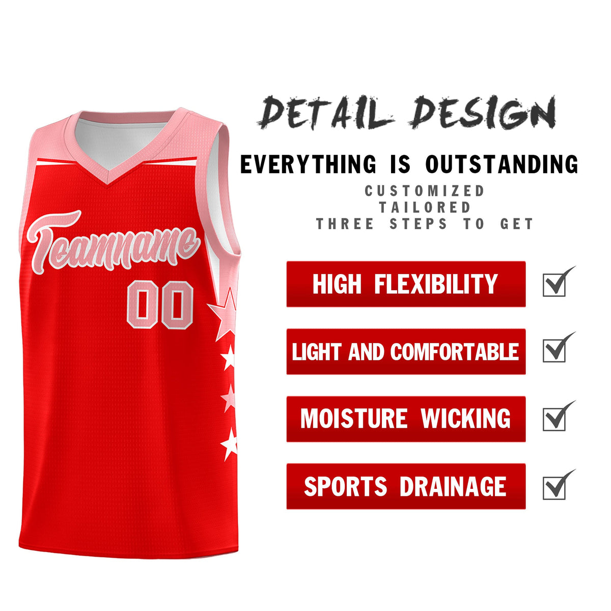 Custom Youth Basketball Uniform Light Red Light Pink Two Tone Side Star Personalized Team Jersey