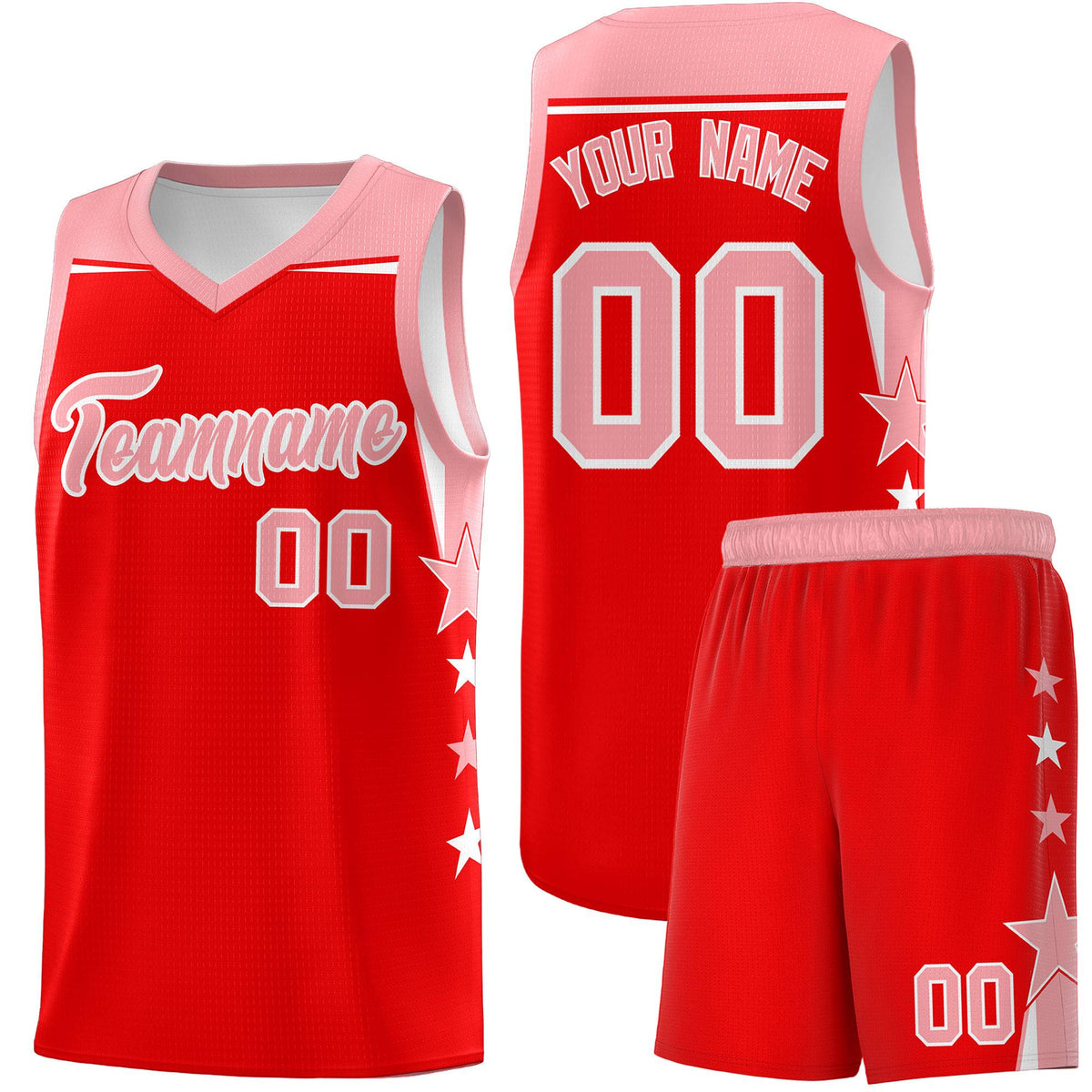 Custom Youth Basketball Uniform Light Red Light Pink Two Tone Side Star Personalized Team Jersey