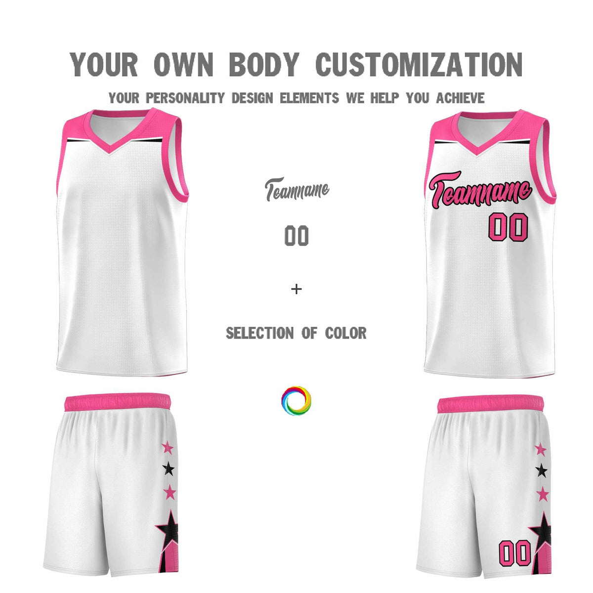 Custom Youth Basketball Uniform White Pink Two Tone Side Star Color Block Team Jersey