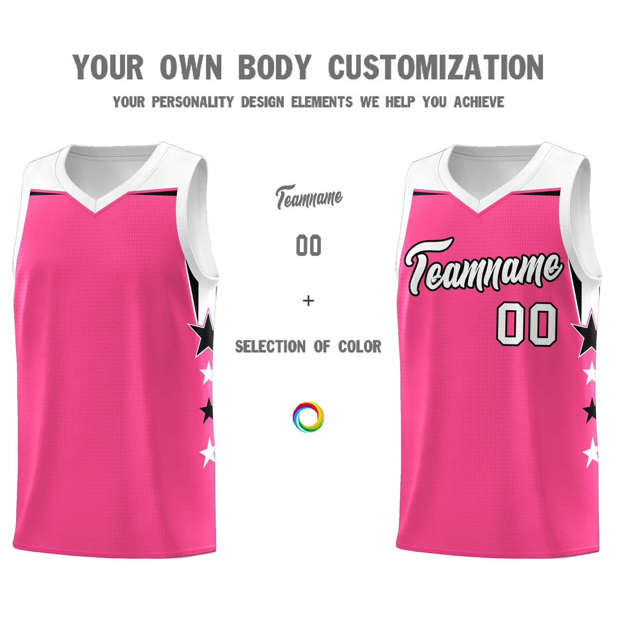 Custom Youth Basketball Uniform Pink White Two Tone Side Star Add Name Number &amp; Logo