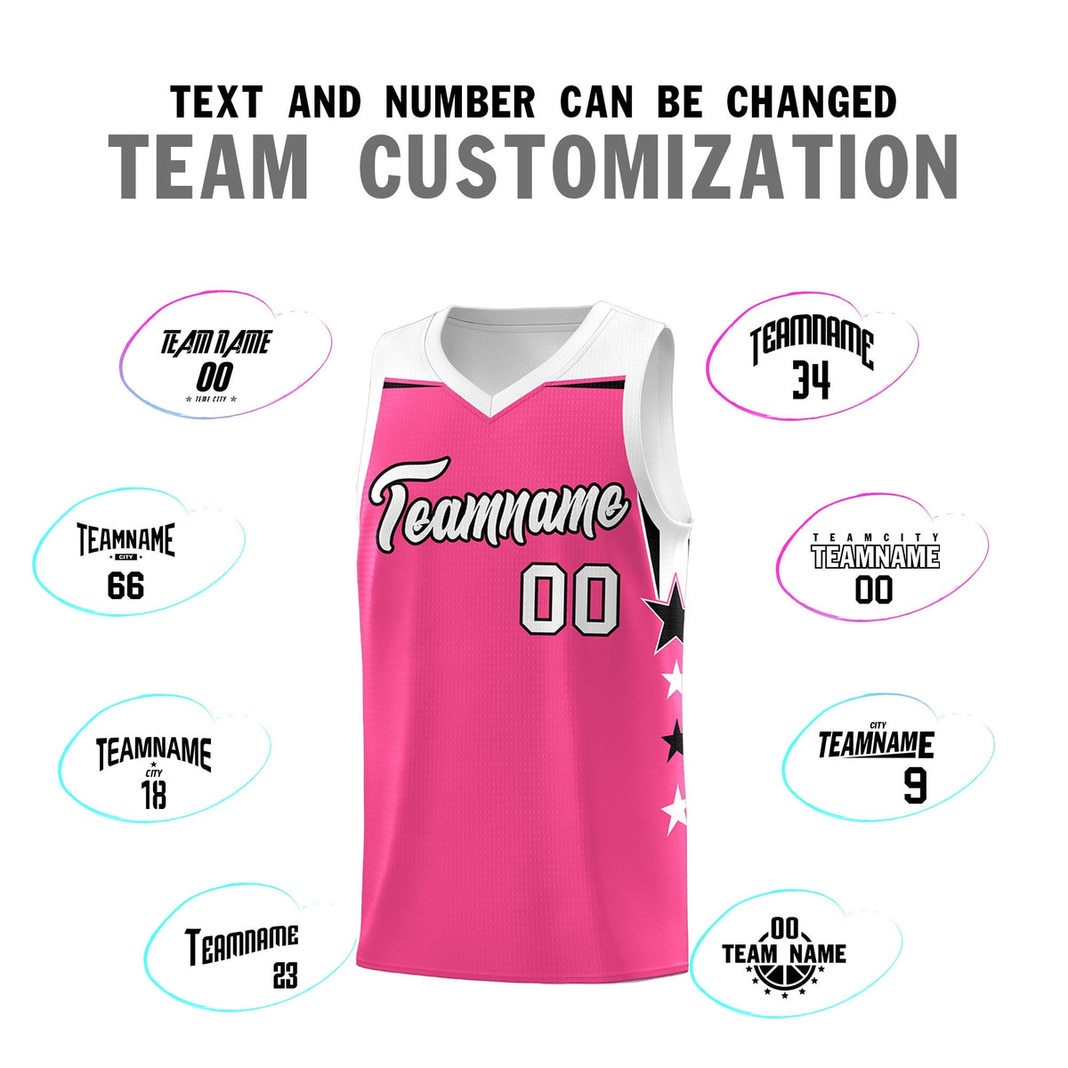 Custom Youth Basketball Uniform Pink White Two Tone Side Star Add Name Number &amp; Logo