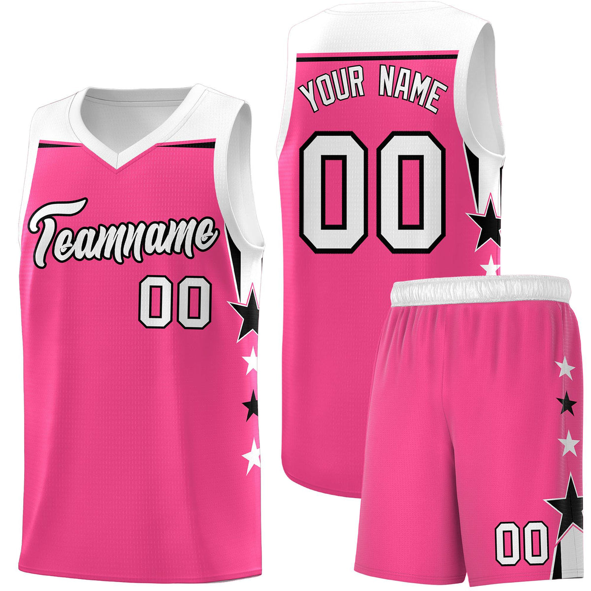 Custom Youth Basketball Uniform Pink White Two Tone Side Star Add Name Number &amp; Logo