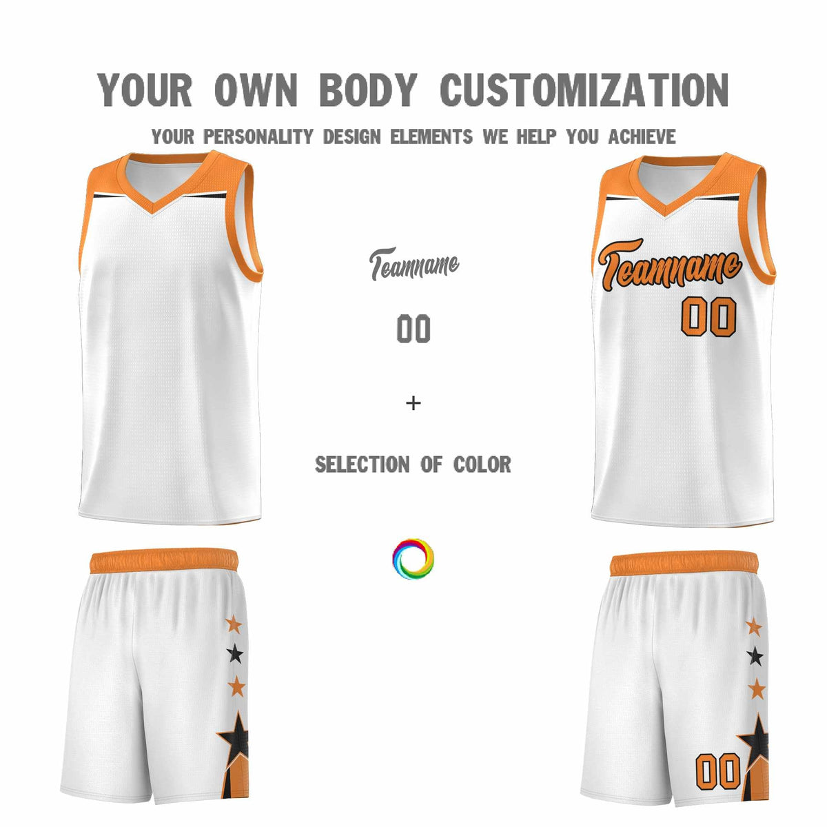 Custom Youth Basketball Uniform White Gold Orange Two Tone Side Star Color Block Team Jersey