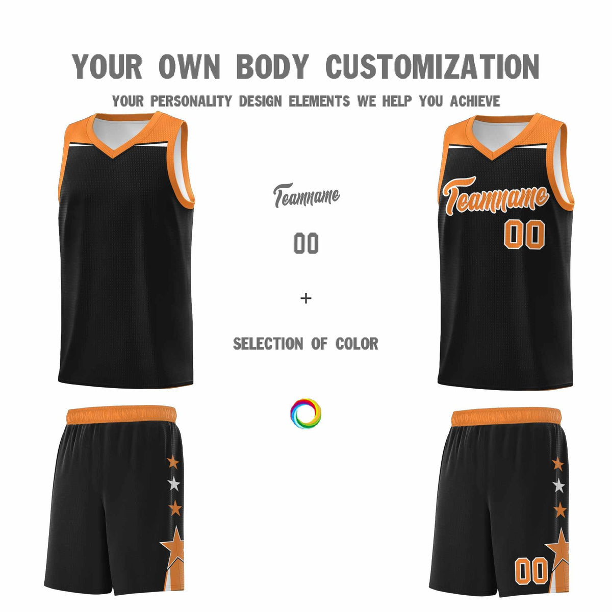 Custom Youth Basketball Uniform Black Gold Orange Two Tone Side Star Personalized Team Jersey