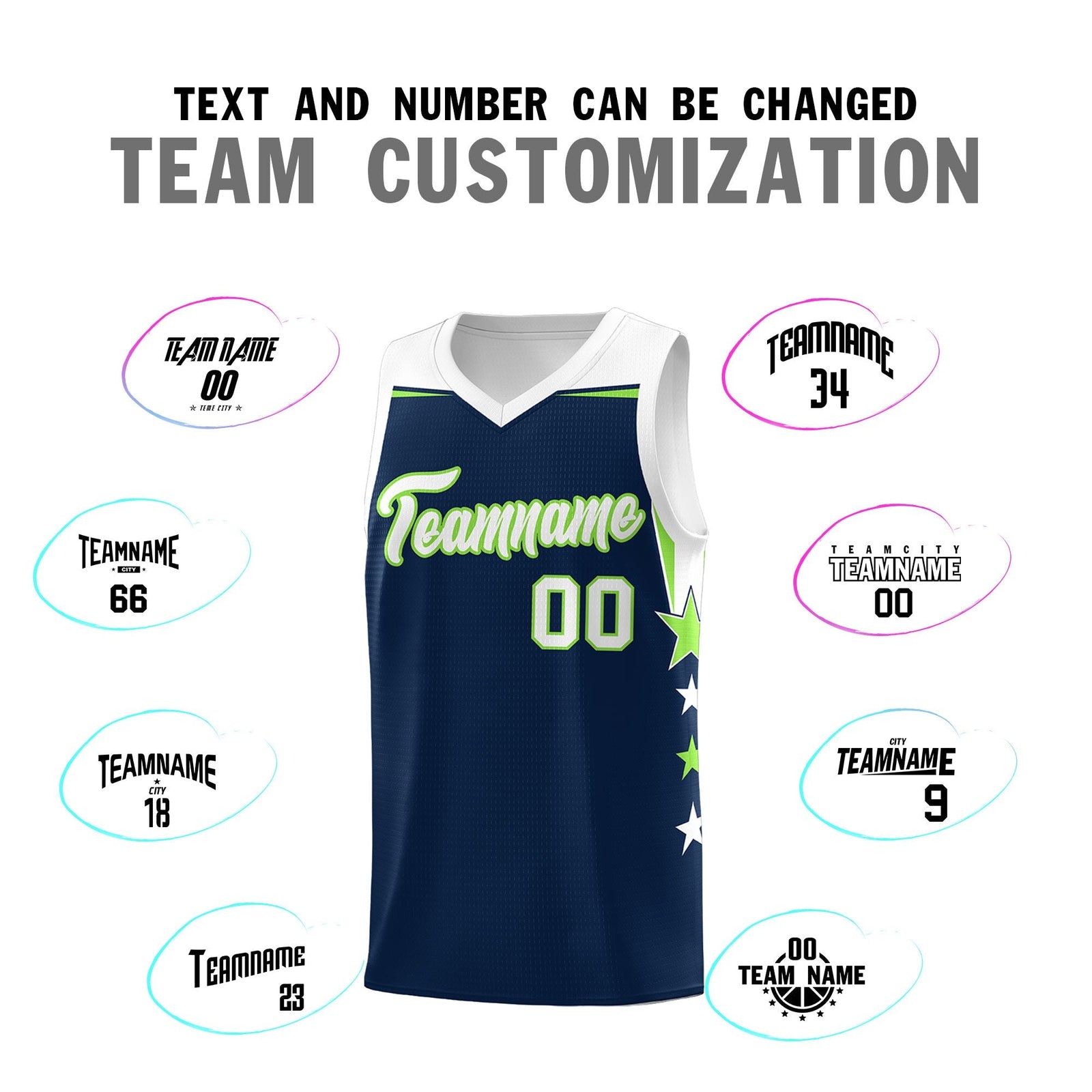 Custom Youth Basketball Uniform Navy White Two Tone Side Star Add Name Number & Logo