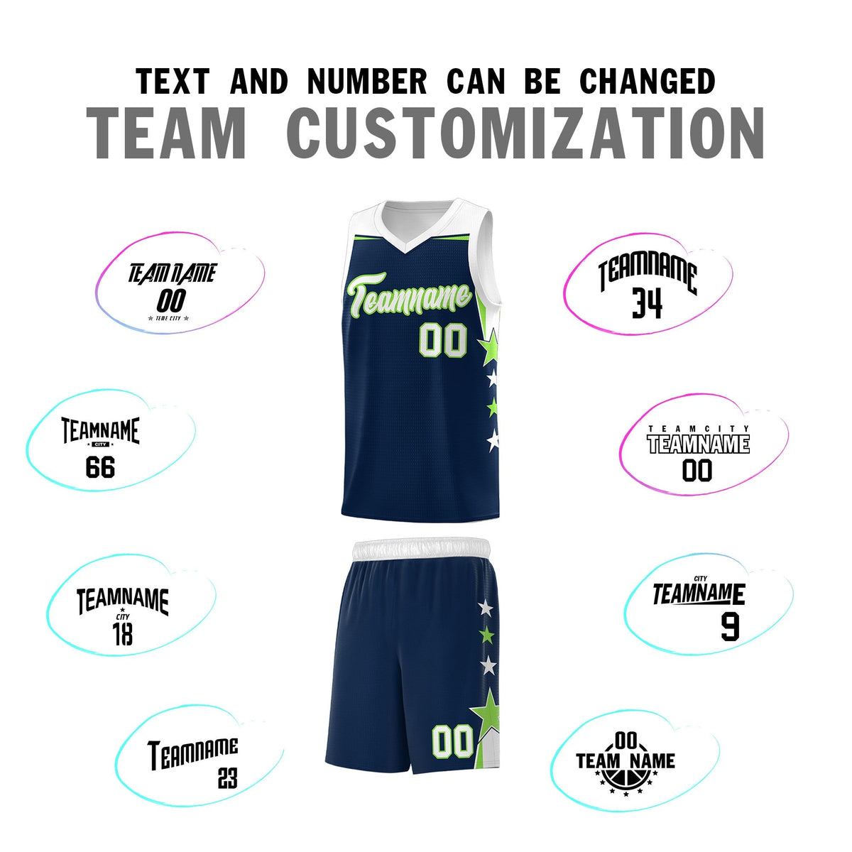 Custom Youth Basketball Uniform Navy White Two Tone Side Star Add Name Number &amp; Logo