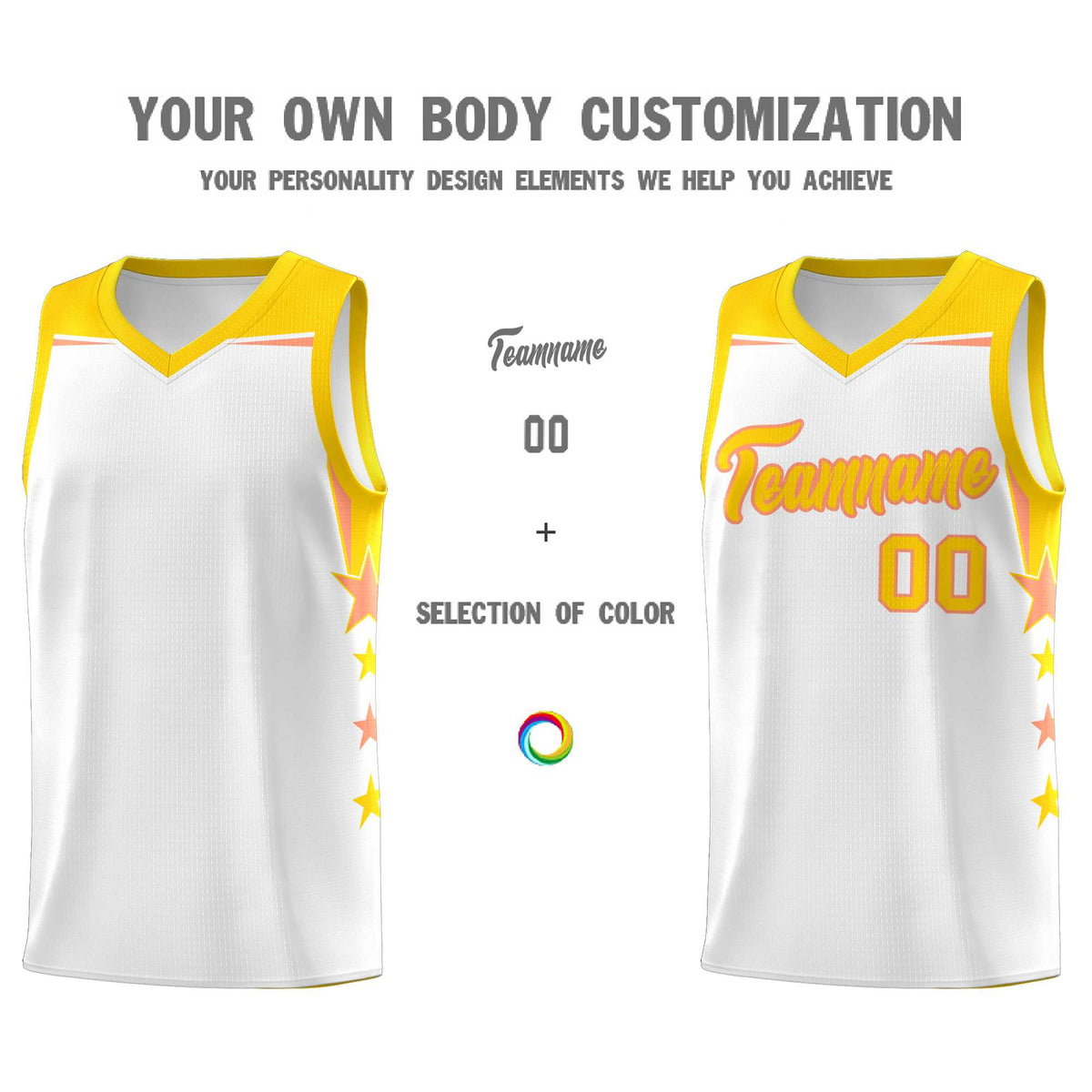Custom Youth Basketball Uniform White Gold Two Tone Side Star Add Name Number &amp; Logo