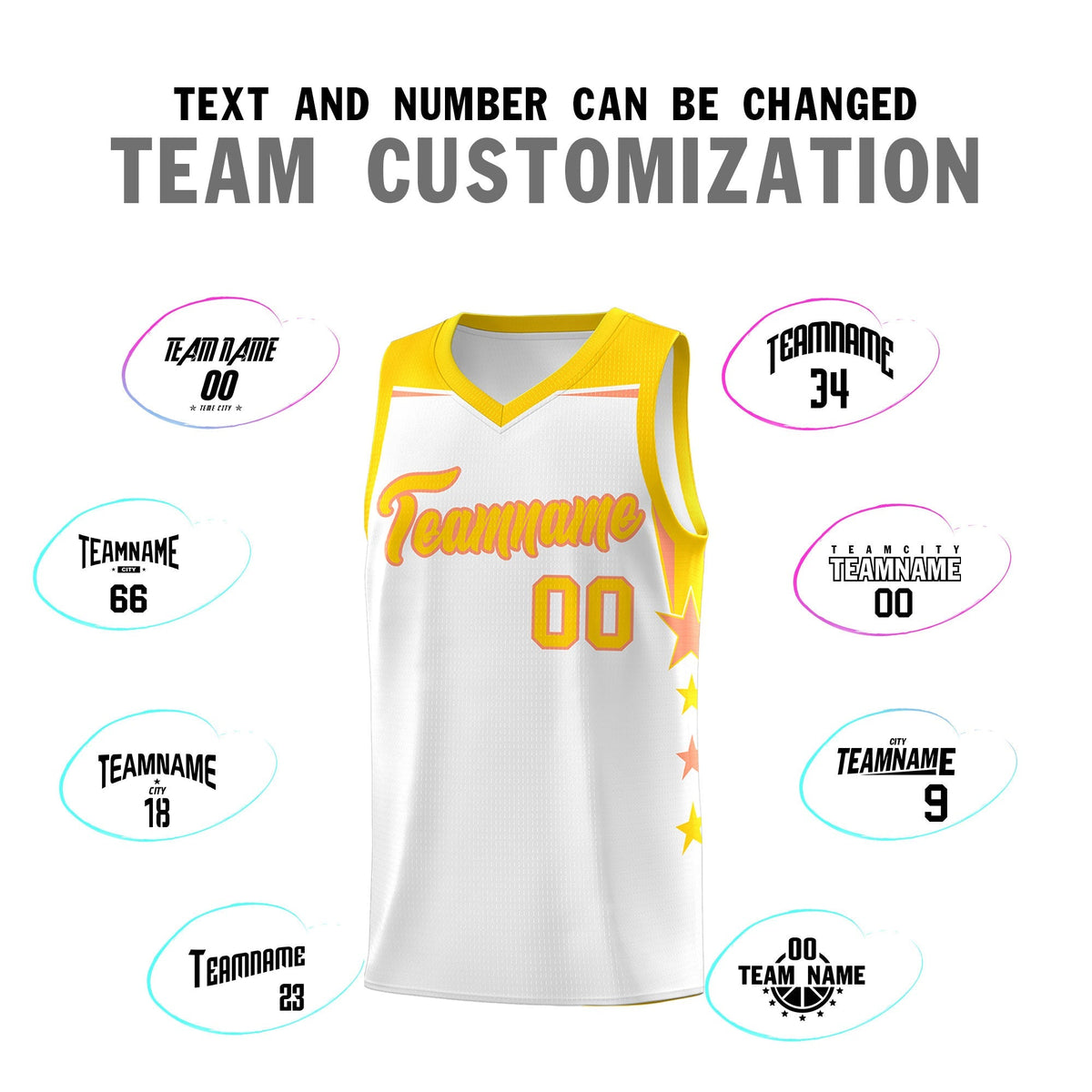 Custom Youth Basketball Uniform White Gold Two Tone Side Star Add Name Number &amp; Logo