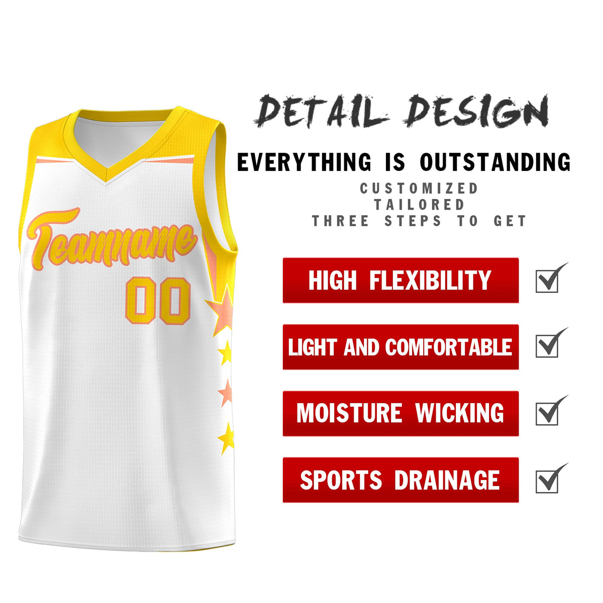 Custom Youth Basketball Uniform White Gold Two Tone Side Star Add Name Number &amp; Logo