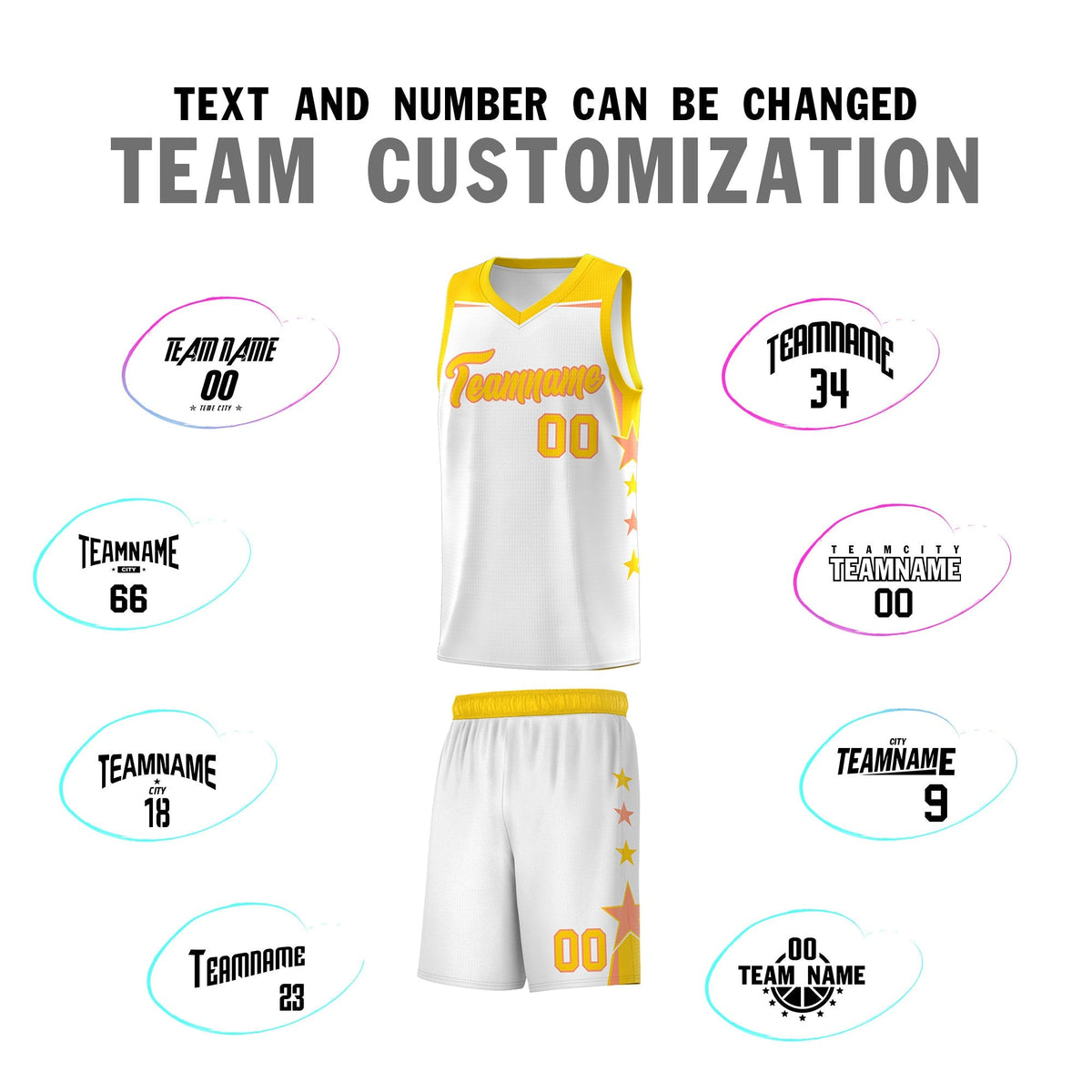 Custom Youth Basketball Uniform White Gold Two Tone Side Star Add Name Number &amp; Logo