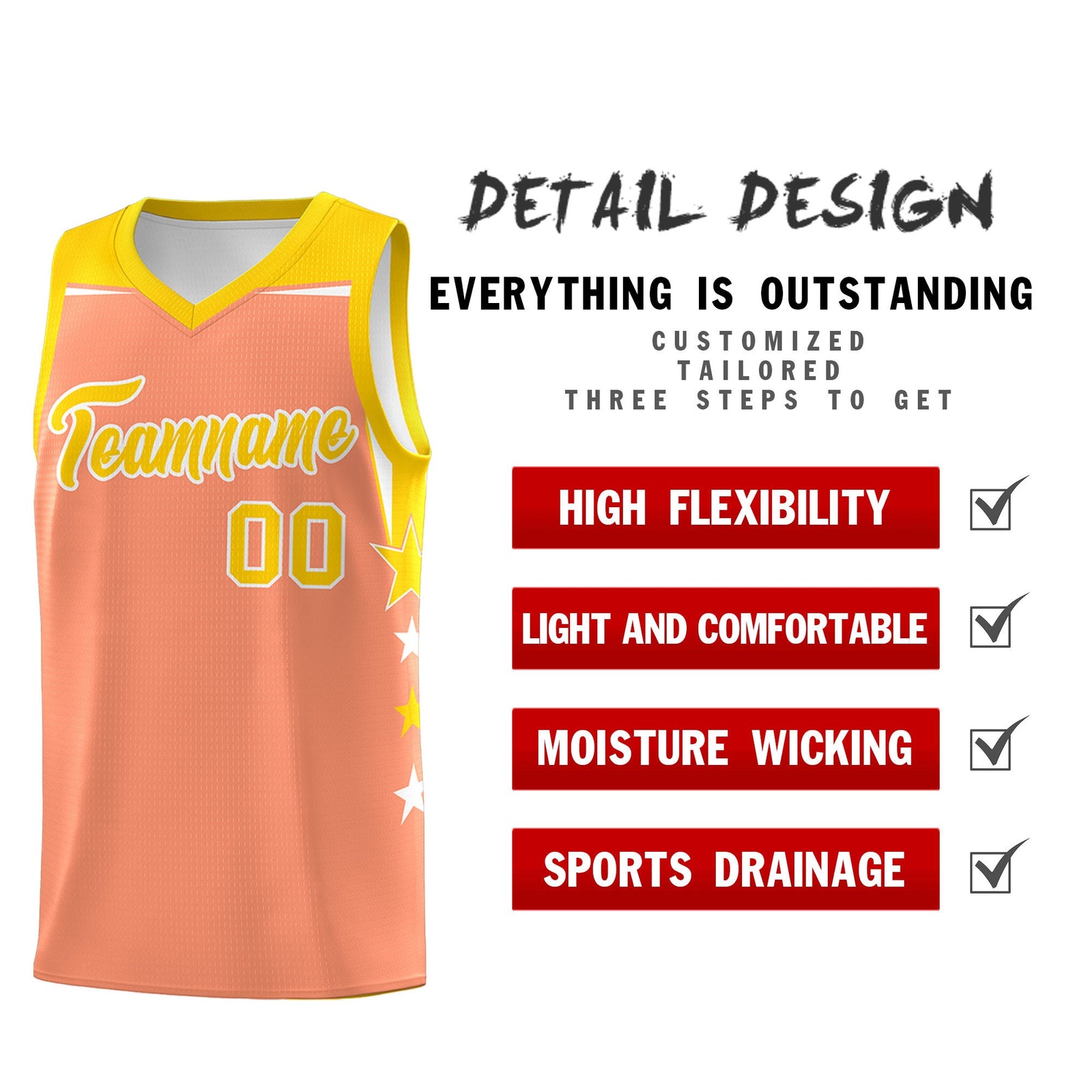 Custom Youth Basketball Uniform Light Orange Gold Two Tone Side Star Personalized Team Jersey