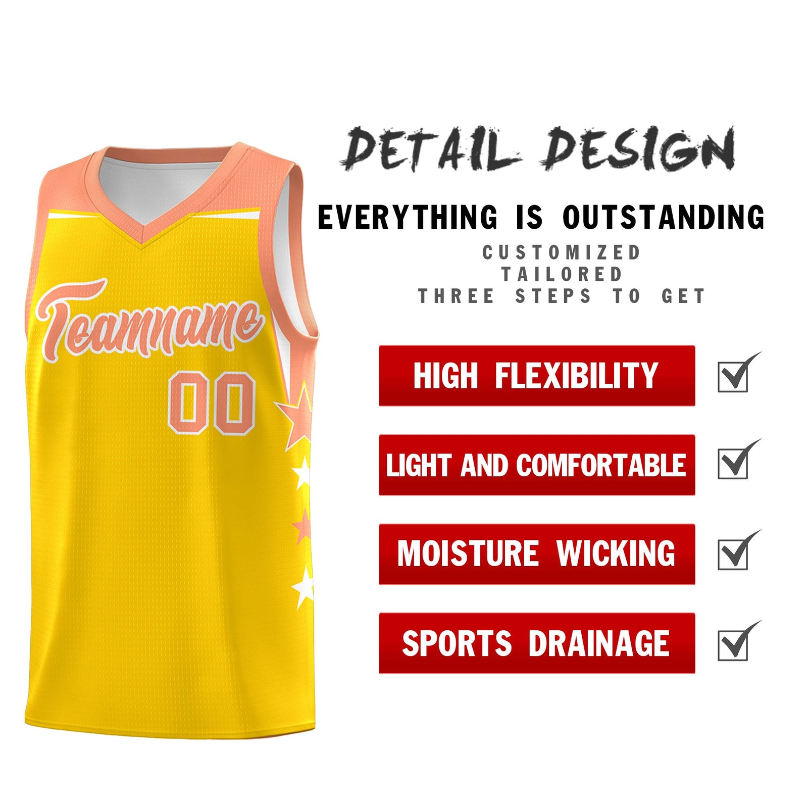 Custom Youth Basketball Uniform Gold Light Orange Two Tone Side Star Color Block Team Jersey