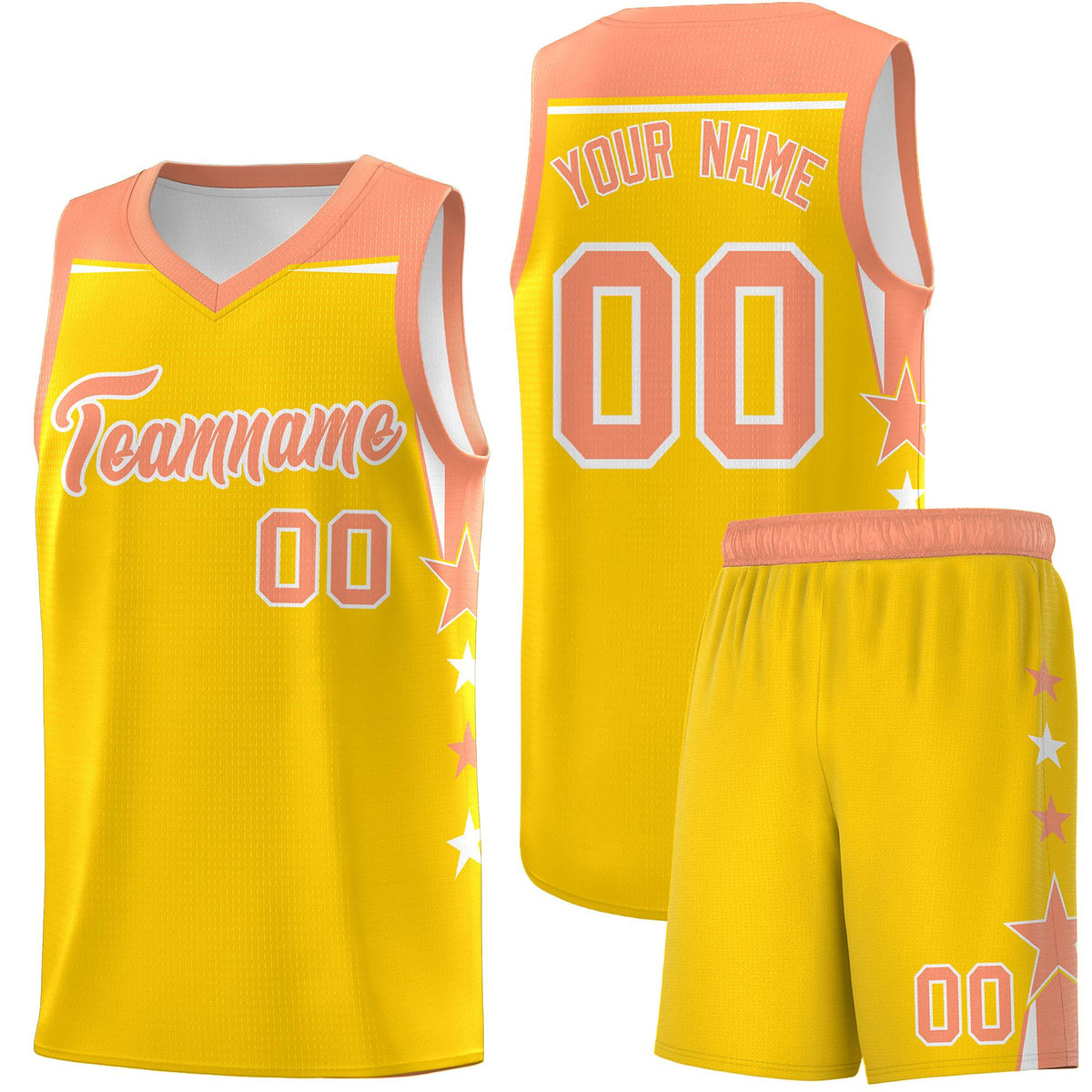 Custom Youth Basketball Uniform Gold Light Orange Two Tone Side Star Color Block Team Jersey