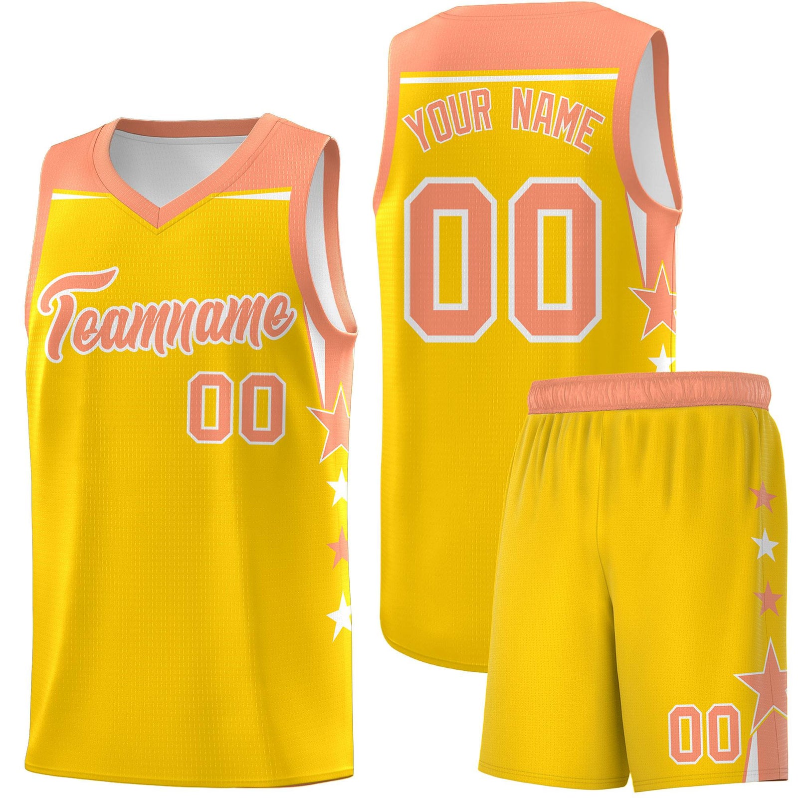 Custom Youth Basketball Uniform Gold Light Orange Two Tone Side Star Color Block Team Jersey